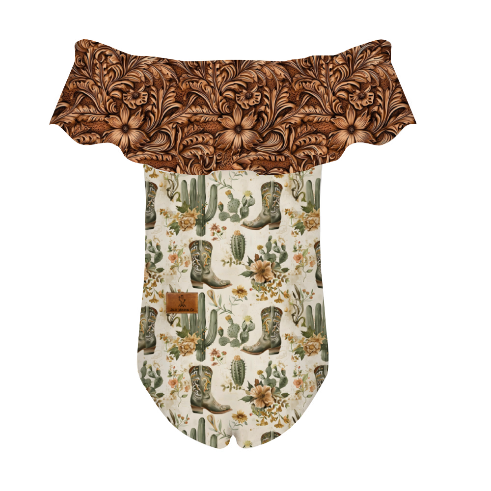Brewster County Leather Print Trim Flounce One Piece Swimsuit