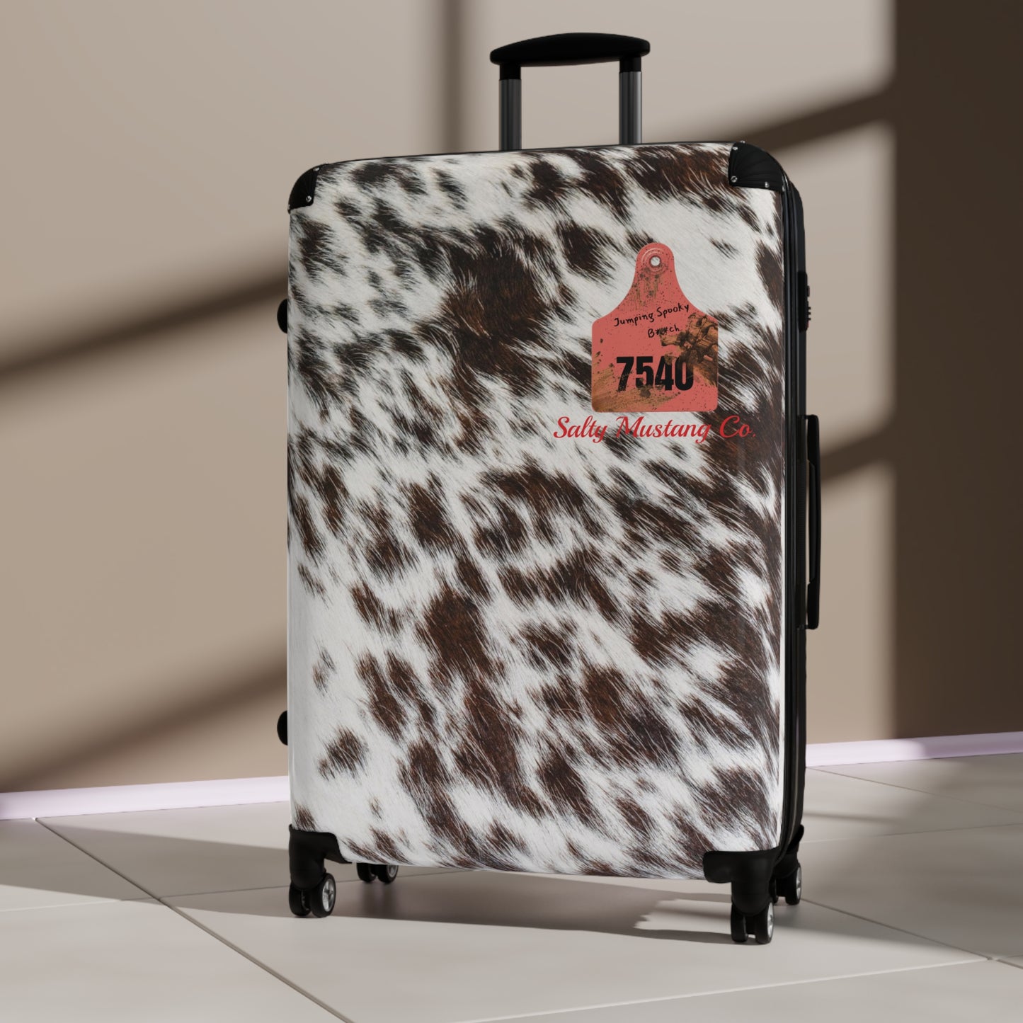 Ear Tag #3468 Waspy Heifer, Brindle Cow Print Suitcase
