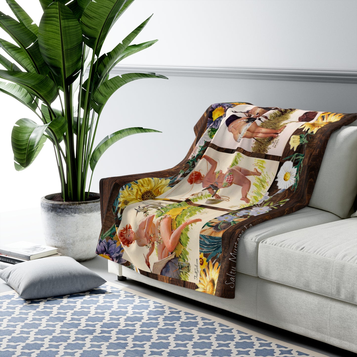 Hilda On The Farm Rustic Wood & Floral Sherpa Fleece Blanket