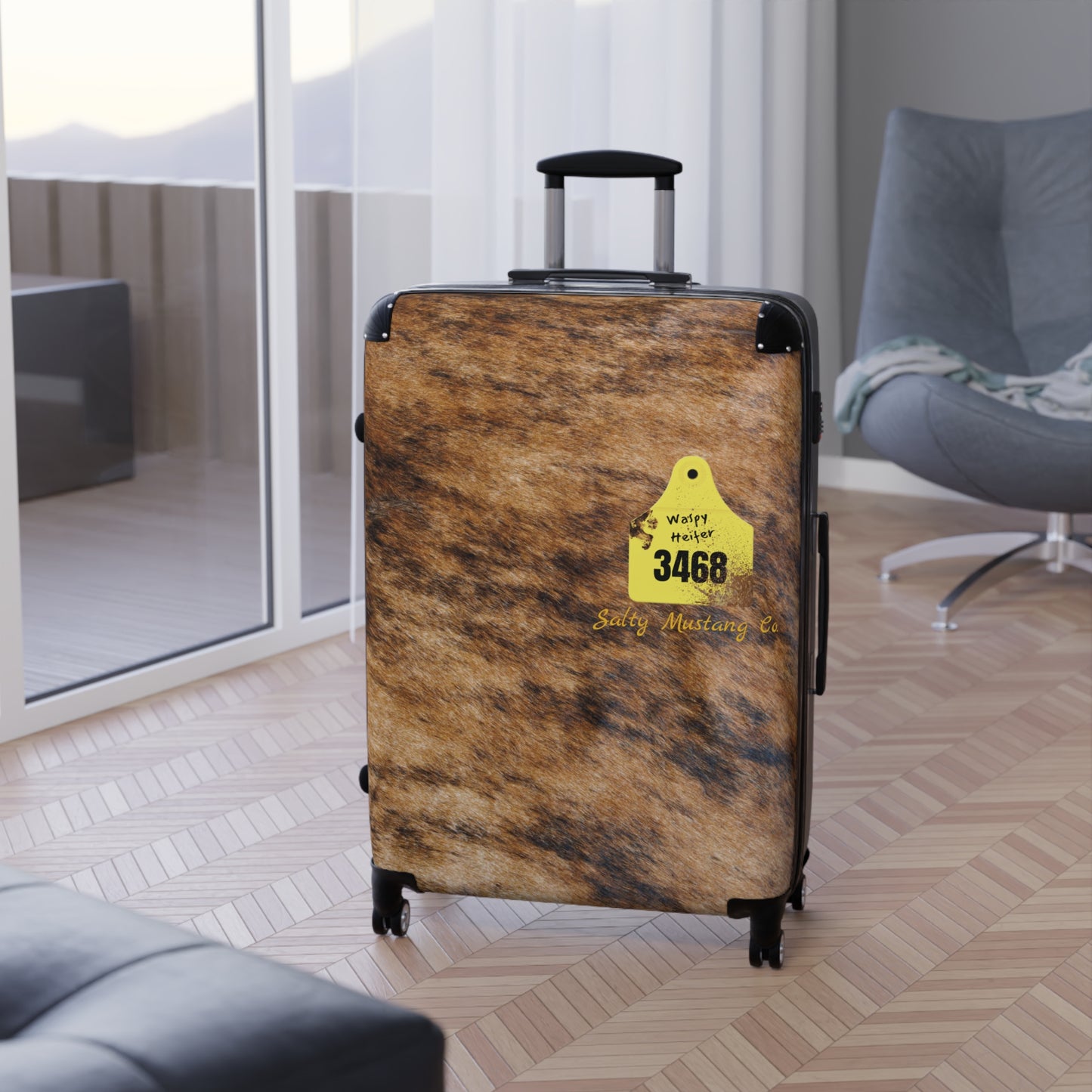 Ear Tag #3468 Waspy Heifer, Brindle Cow Print Suitcase