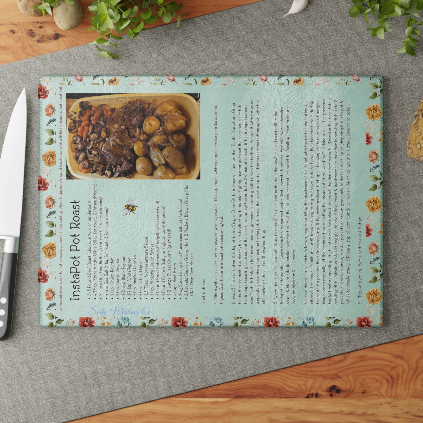 Highland Queen Ranch InstaPot Pot Roast Recipe Floral Honey Bee Glass Cutting Board