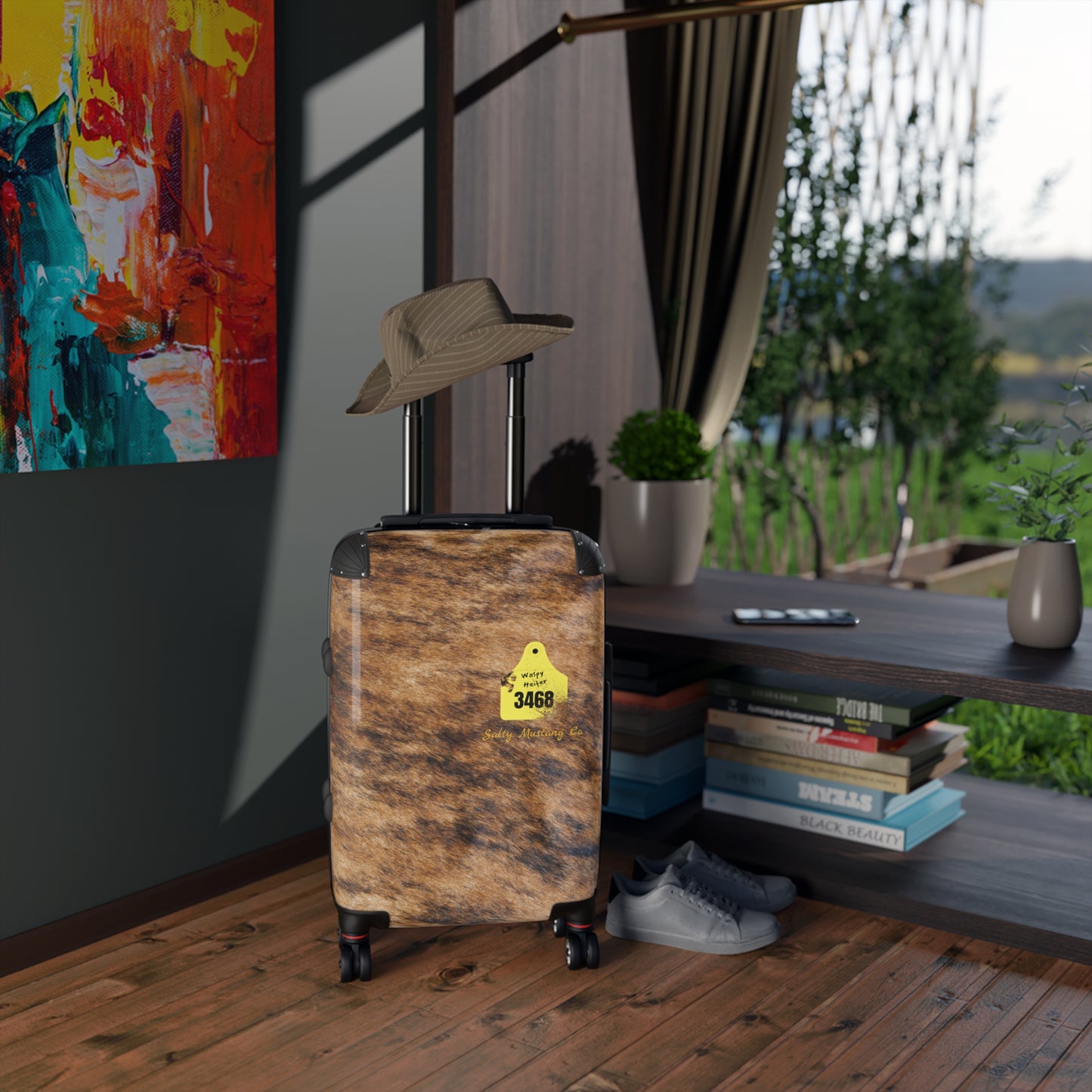 Ear Tag #3468 Waspy Heifer, Brindle Cow Print Suitcase