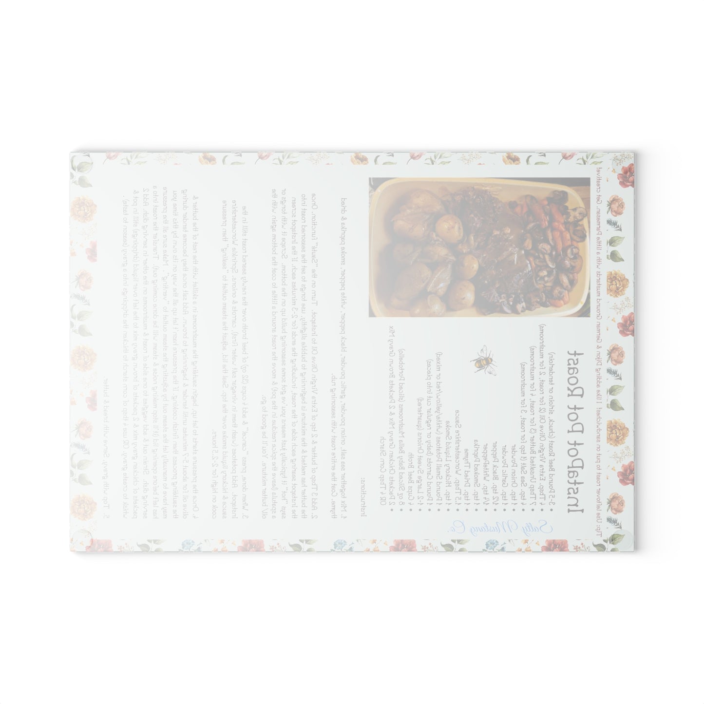Highland Queen Ranch InstaPot Pot Roast Recipe Floral Honey Bee Glass Cutting Board