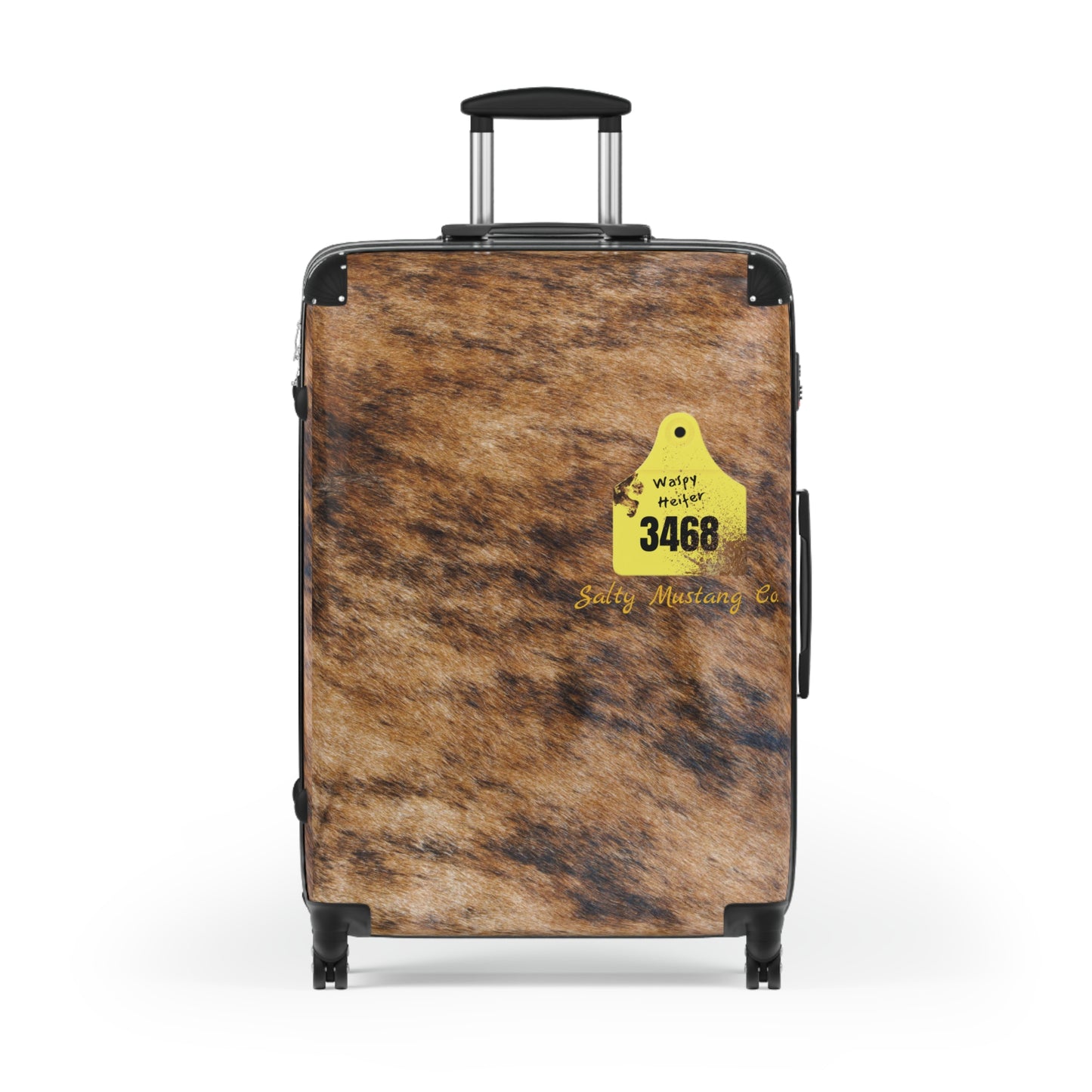 Ear Tag #3468 Waspy Heifer, Brindle Cow Print Suitcase