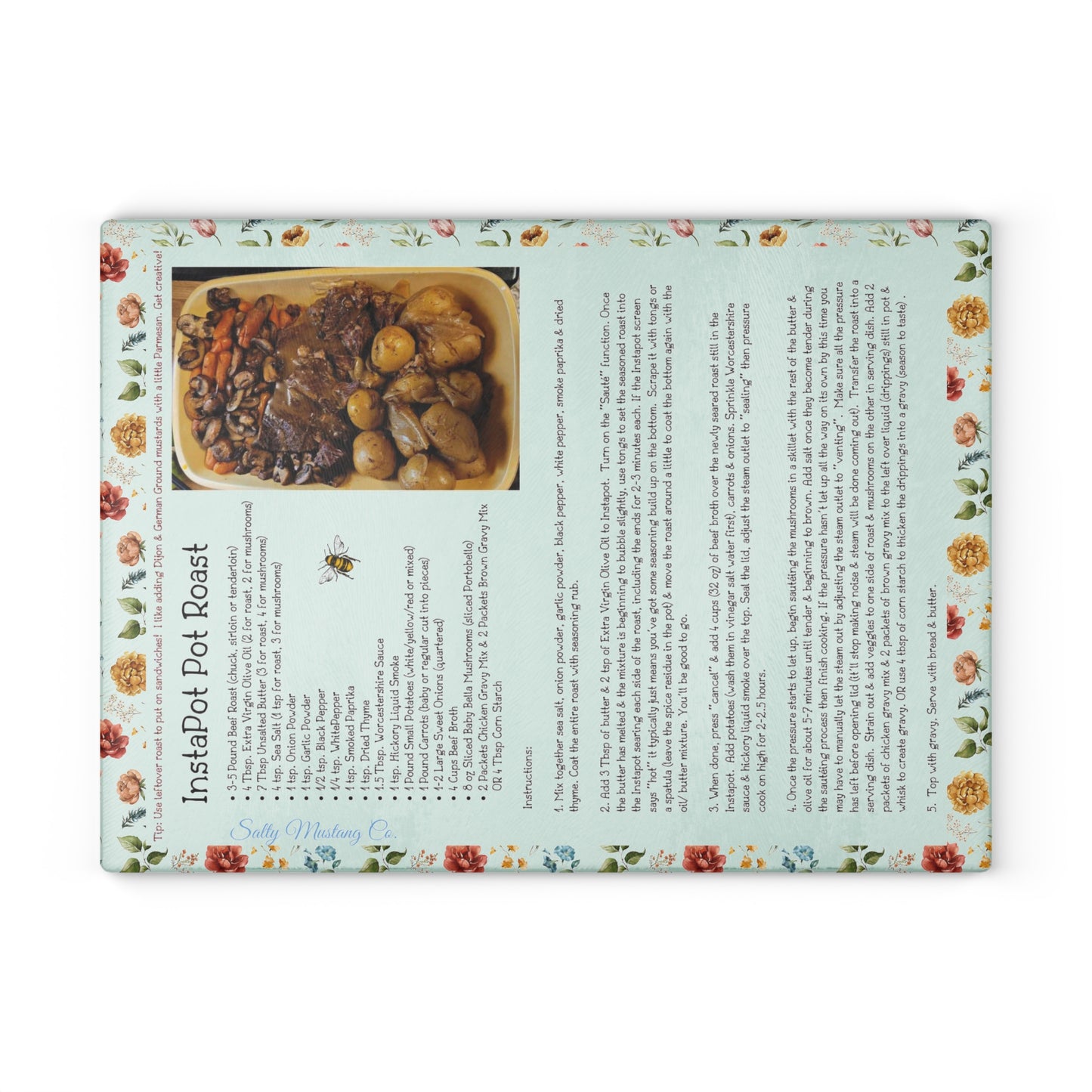Highland Queen Ranch InstaPot Pot Roast Recipe Floral Honey Bee Glass Cutting Board