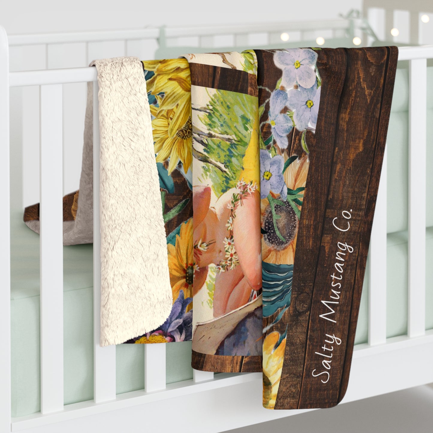 Hilda On The Farm Rustic Wood & Floral Sherpa Fleece Blanket