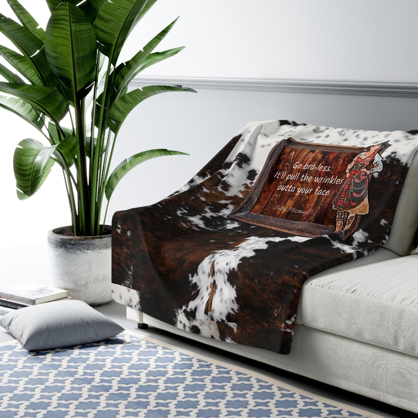 Punchy Queen "Go Bra-less. It'll Pull The Wrinkles Outta Your Face." Tri-Color Spotted Cow Print Sherpa Fleece Blanket