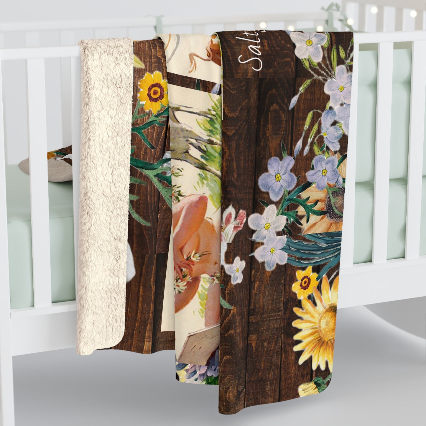 Hilda On The Farm Rustic Wood & Floral Sherpa Fleece Blanket