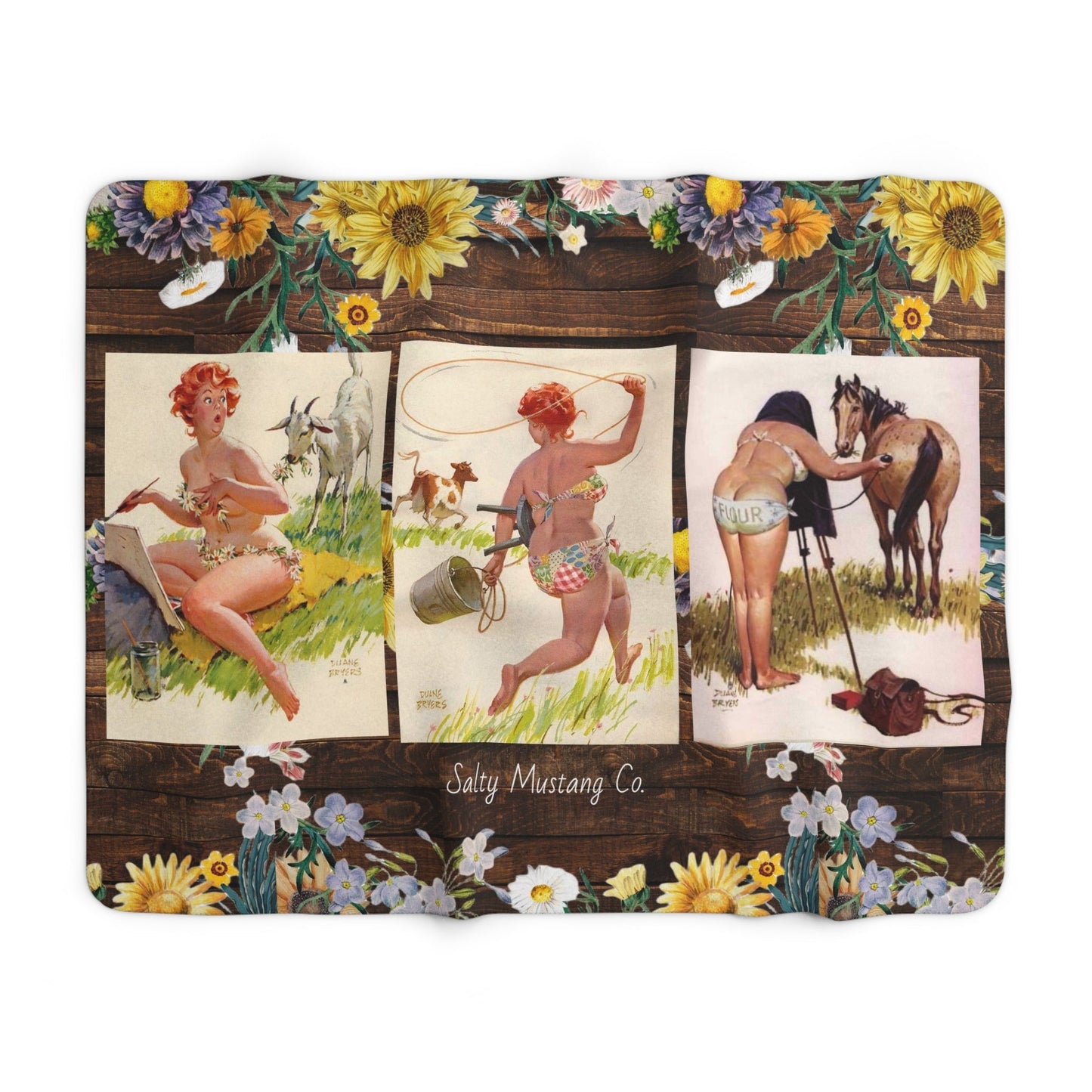 Hilda On The Farm Rustic Wood & Floral Sherpa Fleece Blanket