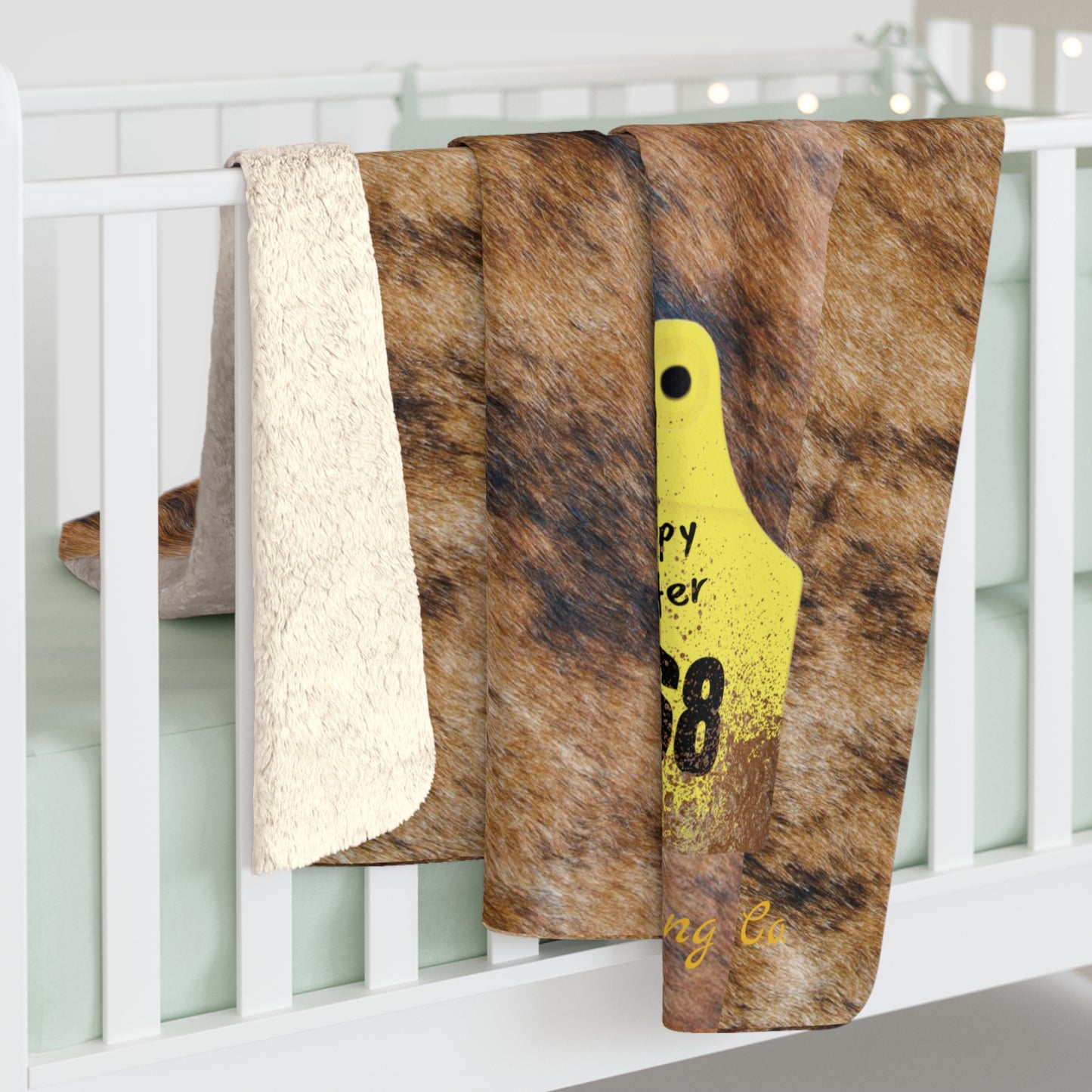 Ear Tag #3468 Waspy Heifer, Brindle Cow Print Sherpa Fleece Blanket