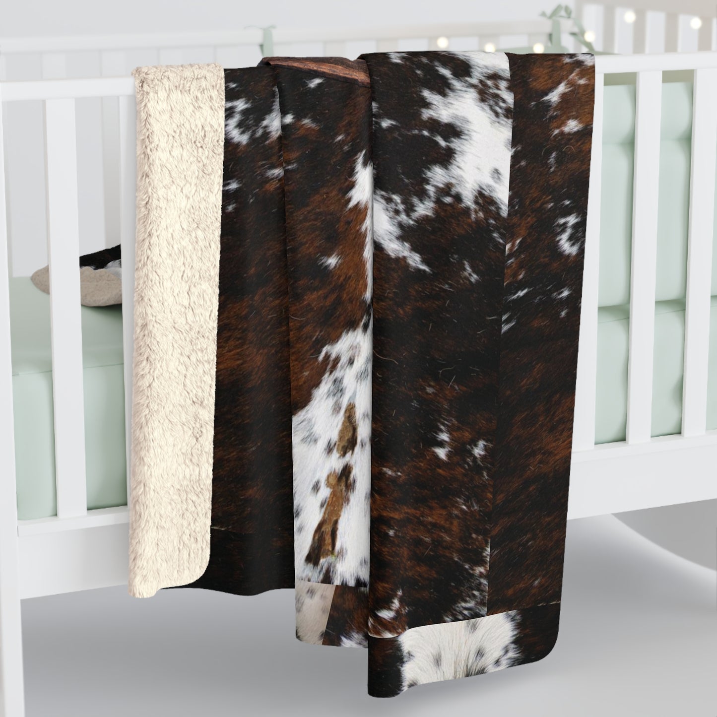 Punchy Queen "Go Bra-less. It'll Pull The Wrinkles Outta Your Face." Tri-Color Spotted Cow Print Sherpa Fleece Blanket
