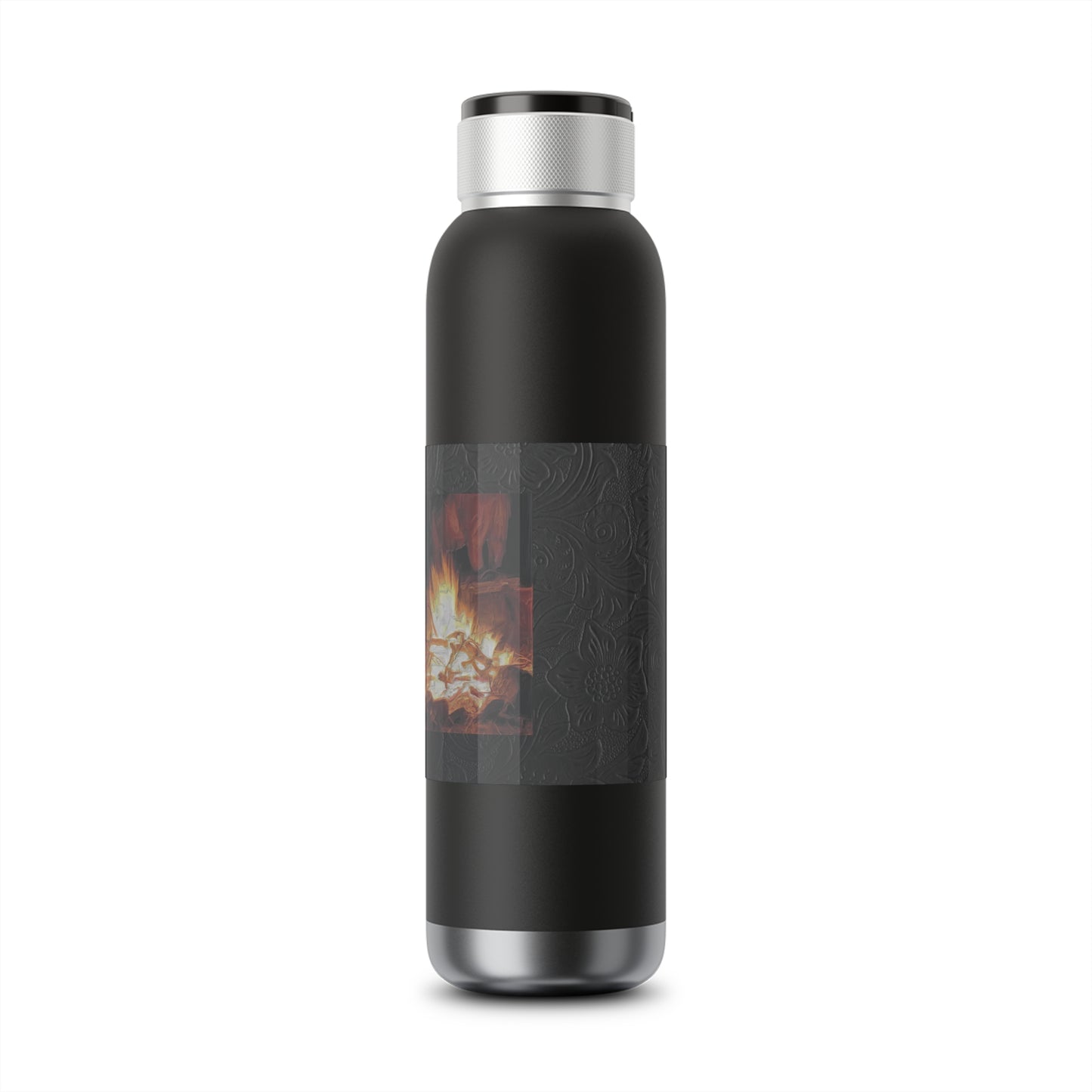 Campfire Cowboy Black Leather Print Background Soundwave Copper Vacuum Bluetooth Audio Bottle 22oz