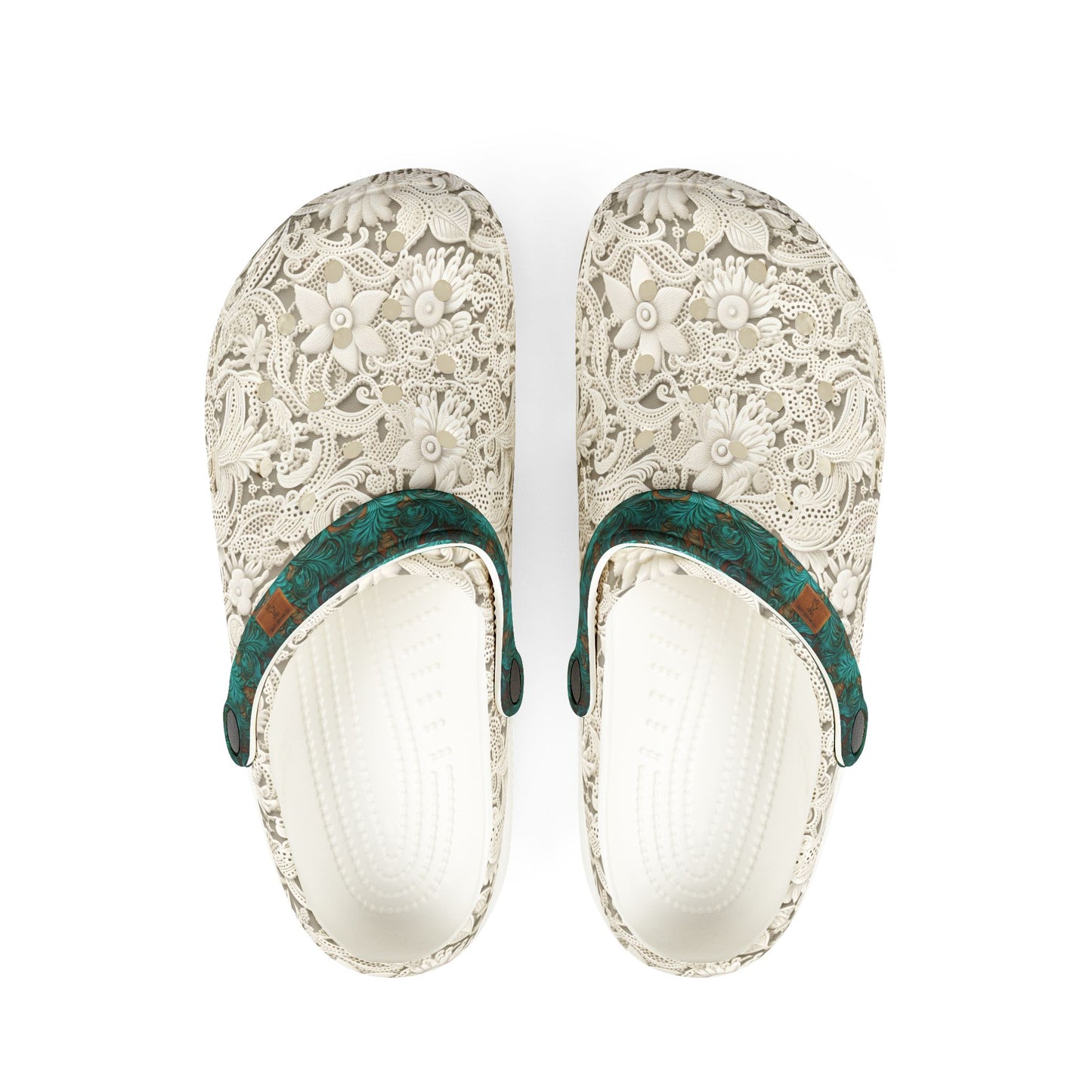 Turquoise Leather and Lace Foam Rubber Salty Clogs