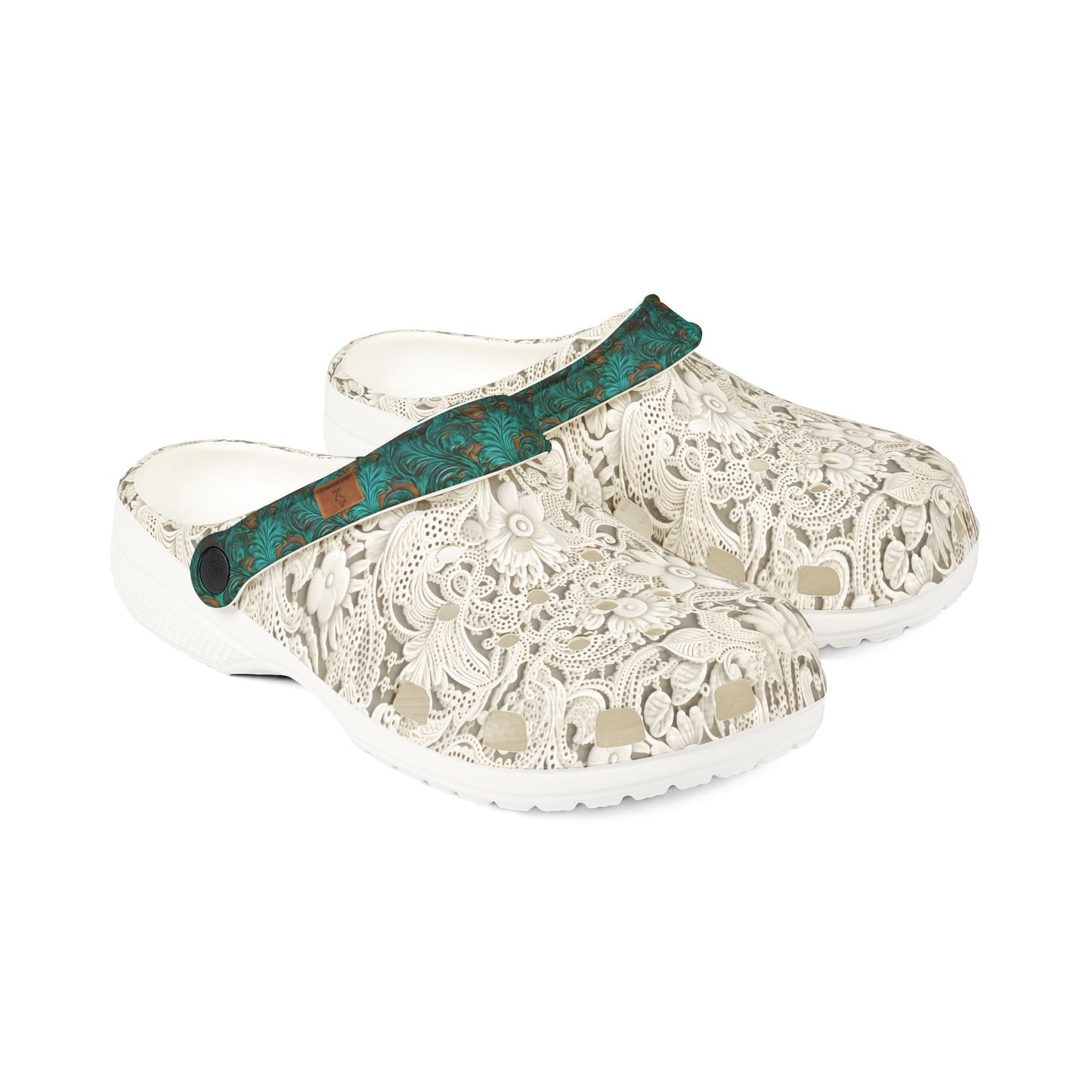 Turquoise Leather and Lace Foam Rubber Salty Clogs