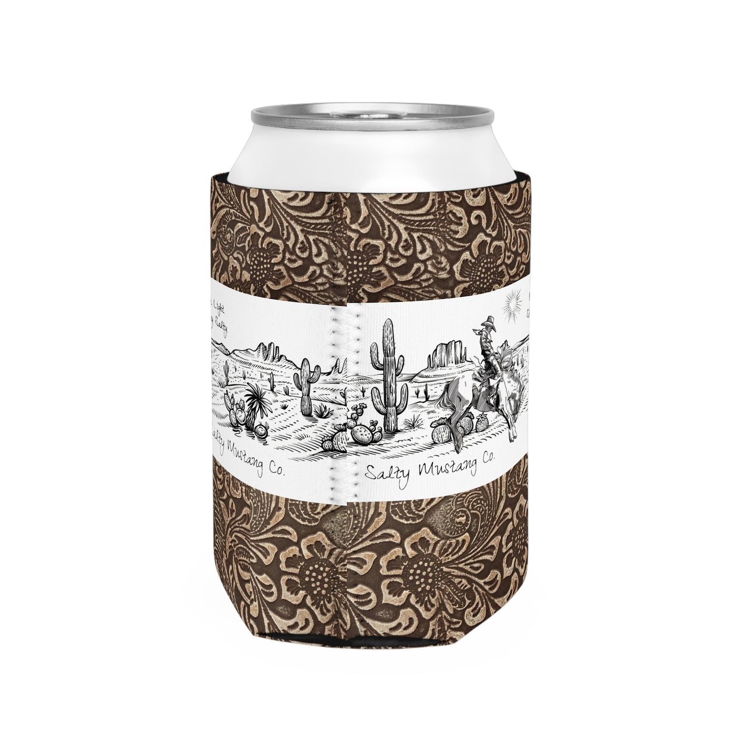 West Texas Bronc Rider Leather Print Can Cooler Sleeve