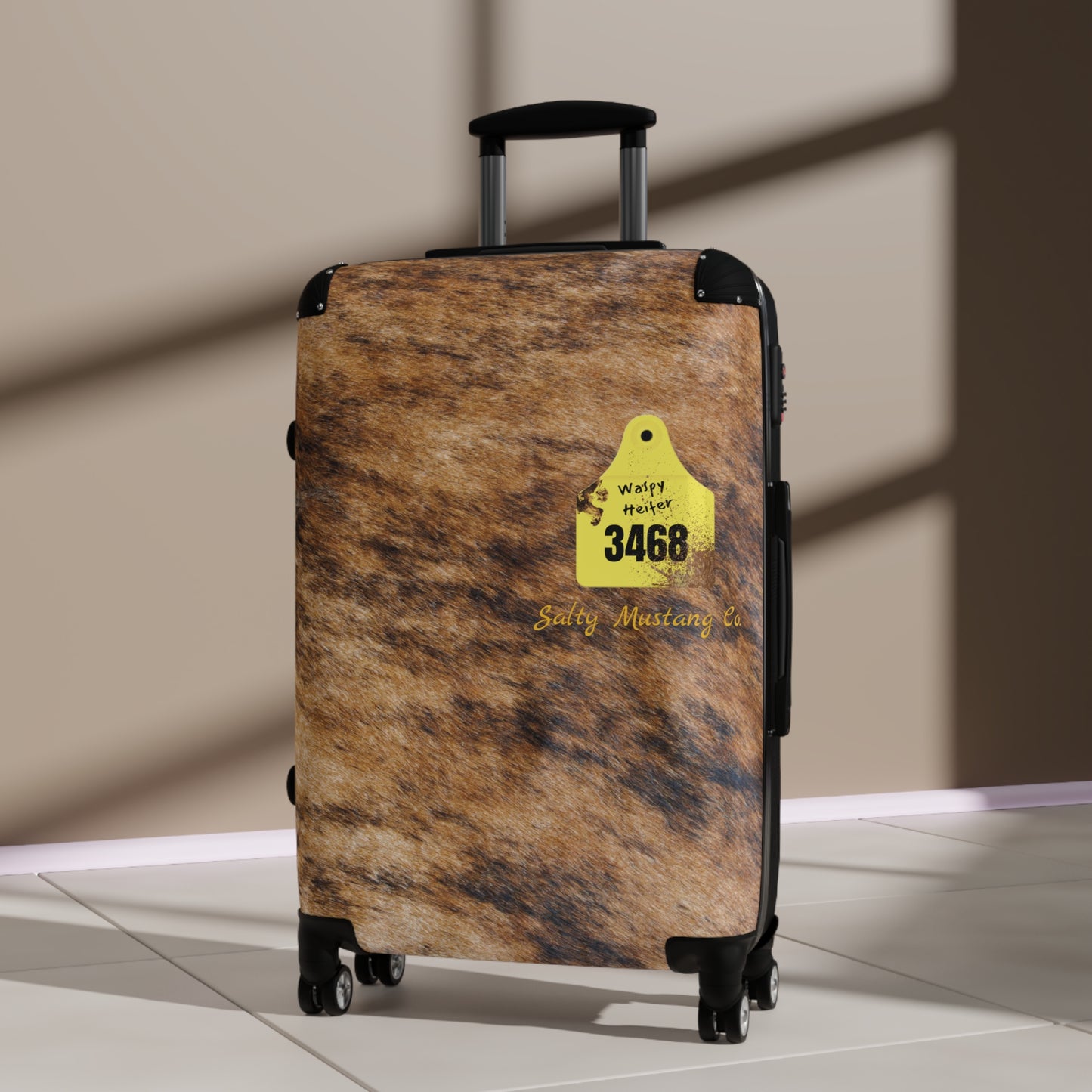 Ear Tag #3468 Waspy Heifer, Brindle Cow Print Suitcase