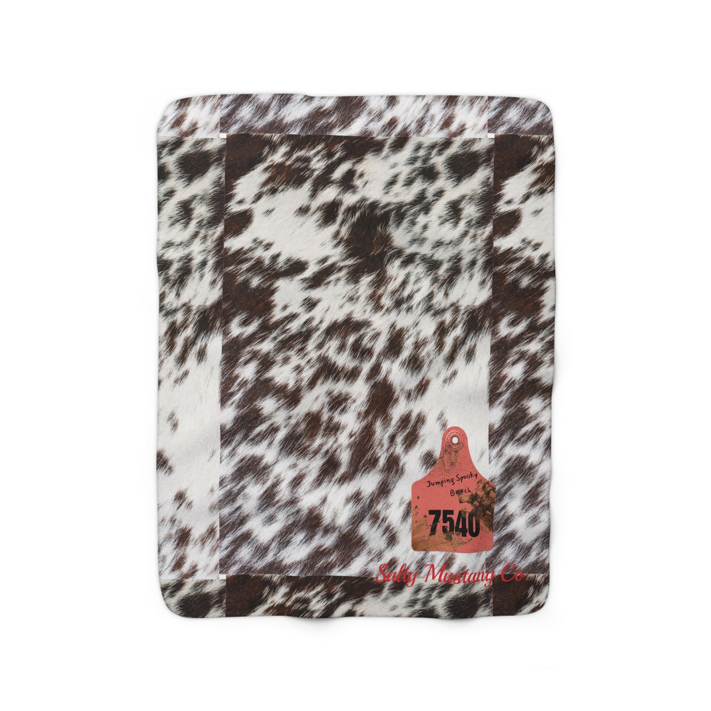 Ear Tag #7540 Jumping Spooky Bh, Spotted Cow Hide Print Sherpa Fleece Blanket