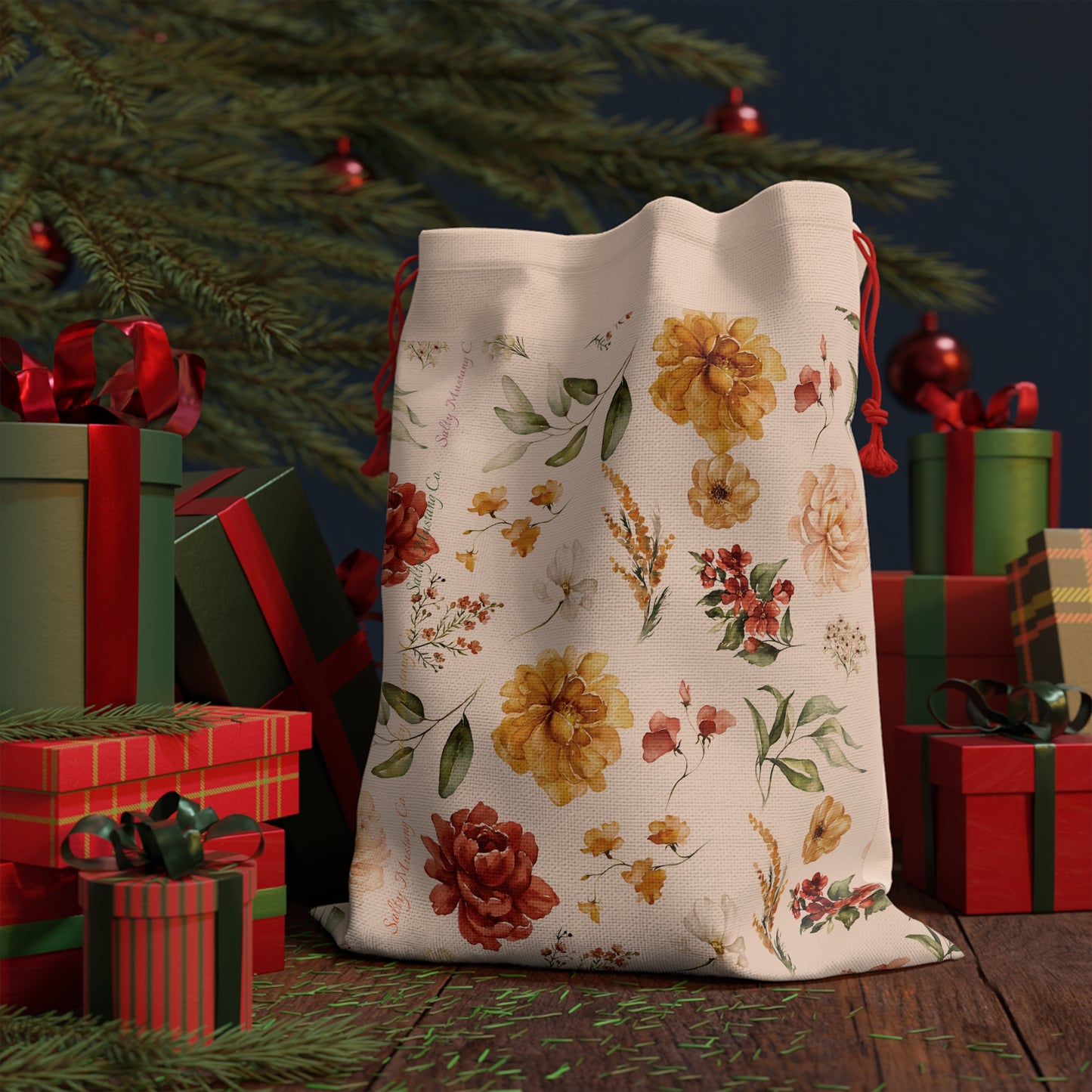 Rustic Flowers Linen Drawstring Bag