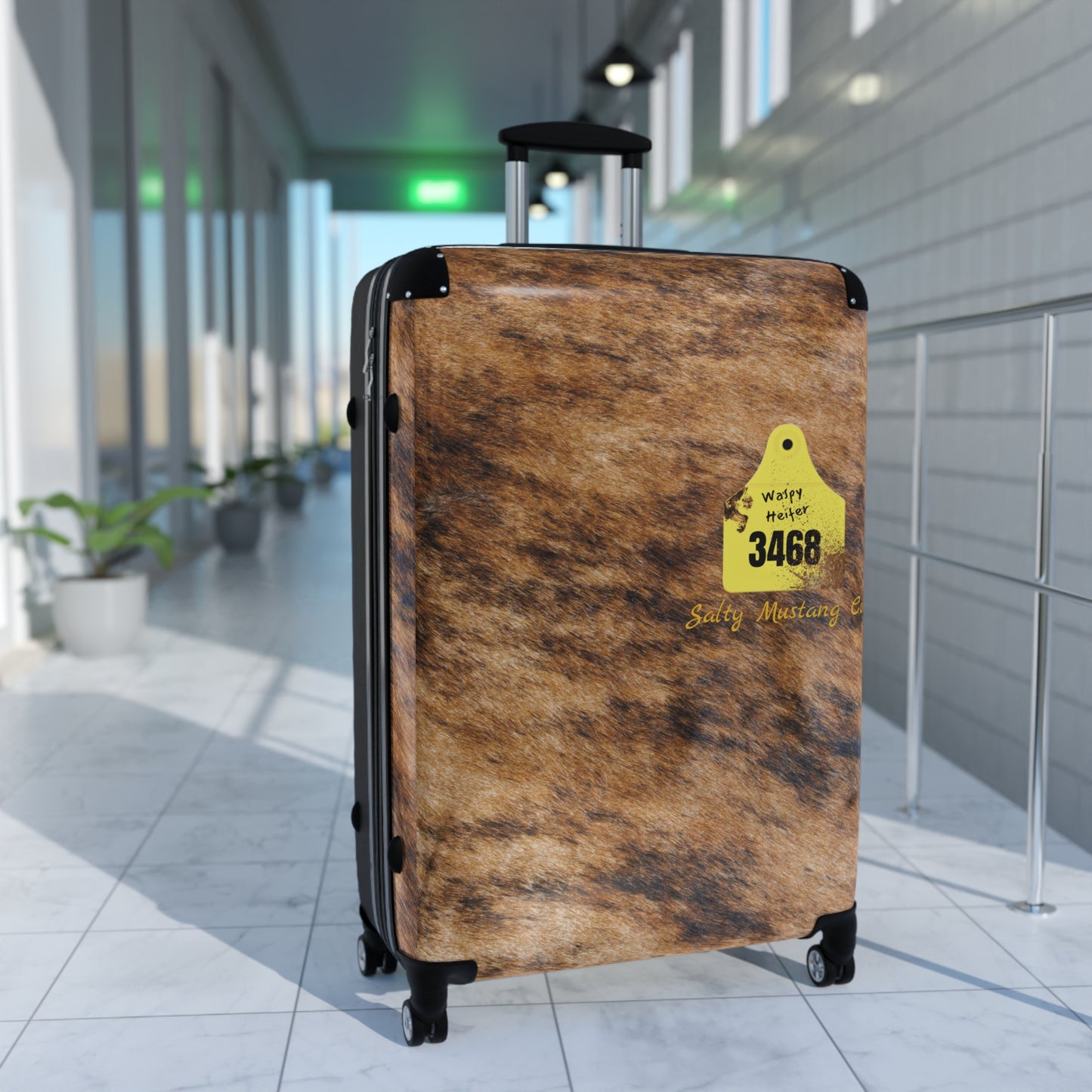 Ear Tag #3468 Waspy Heifer, Brindle Cow Print Suitcase