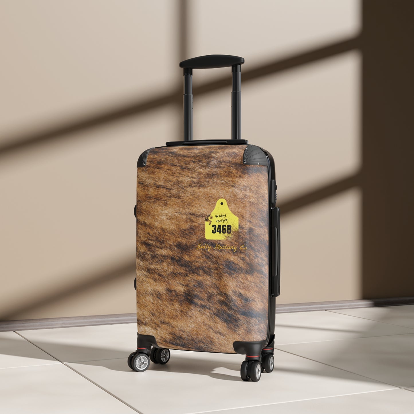 Ear Tag #3468 Waspy Heifer, Brindle Cow Print Suitcase
