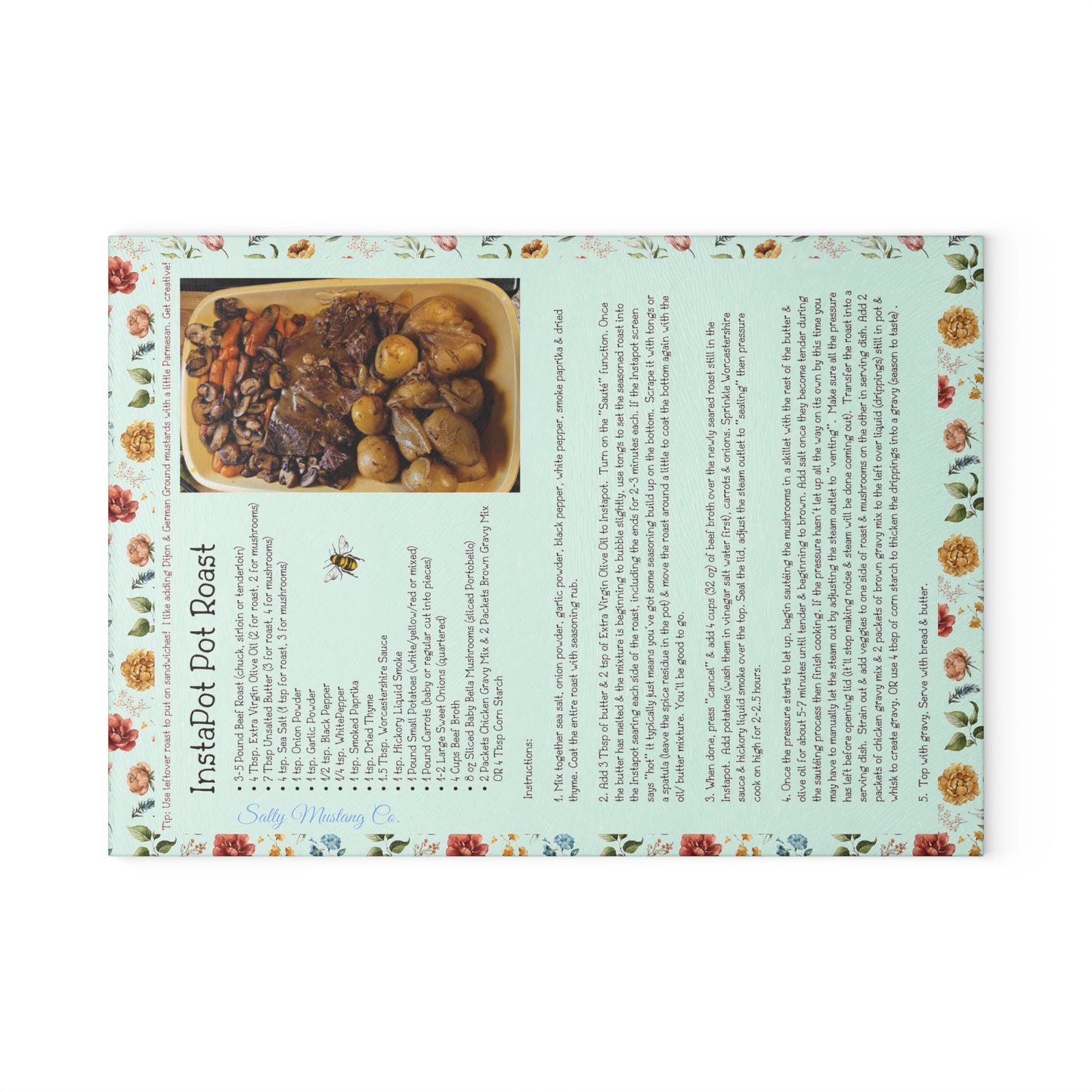 Highland Queen Ranch InstaPot Pot Roast Recipe Floral Honey Bee Glass Cutting Board