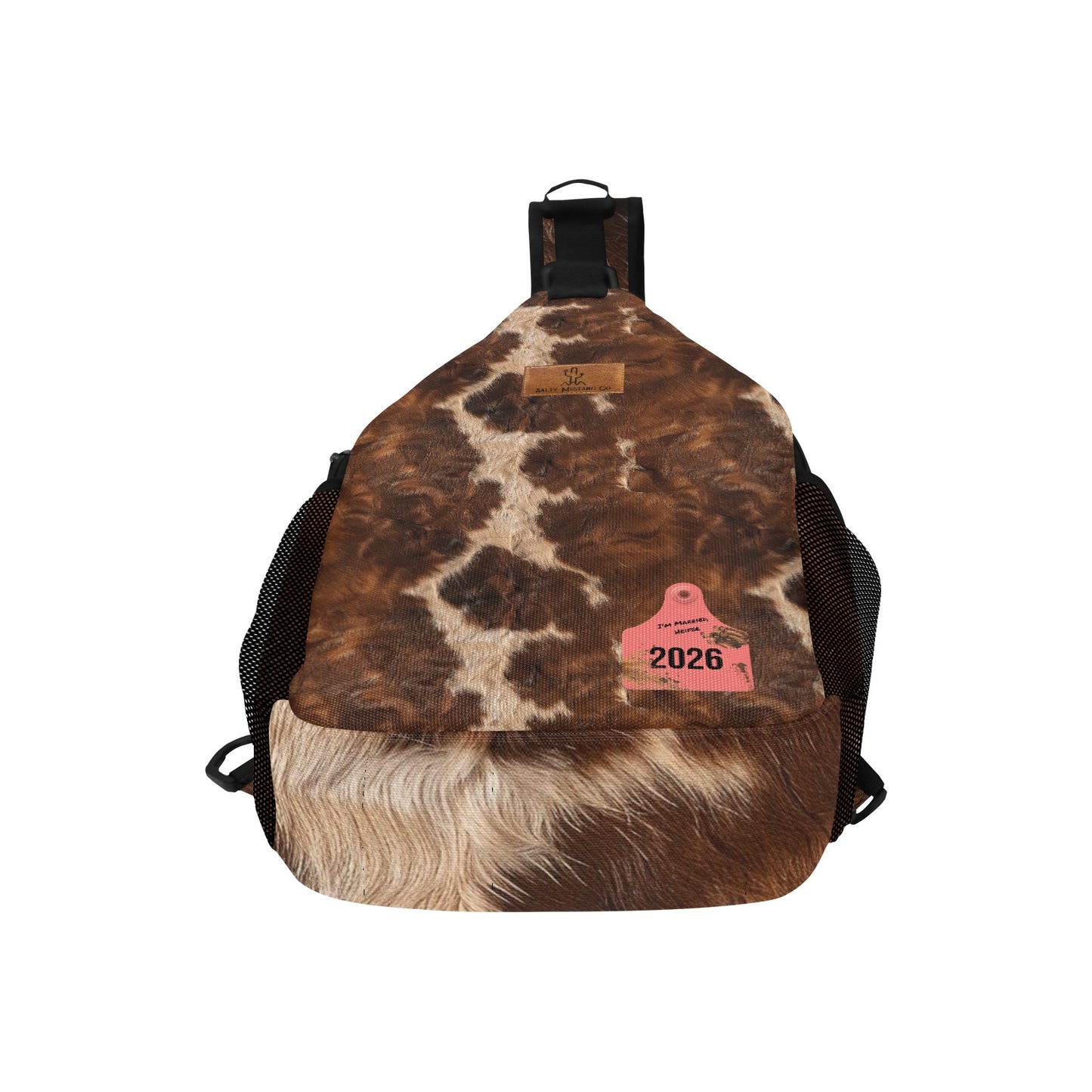 I’m Married Heifer Ear Tag Cow Hide Print Chest Bag