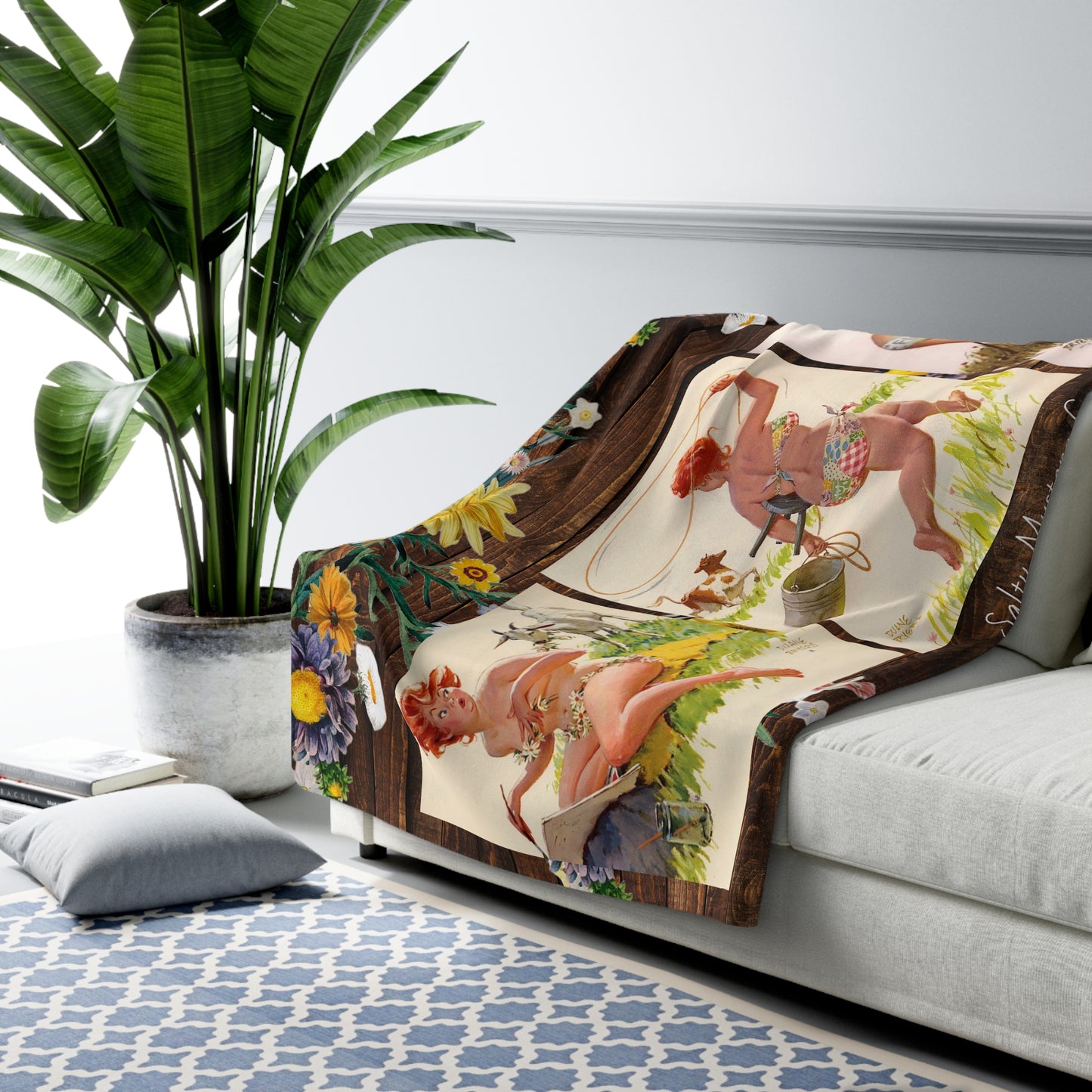 Hilda On The Farm Rustic Wood & Floral Sherpa Fleece Blanket