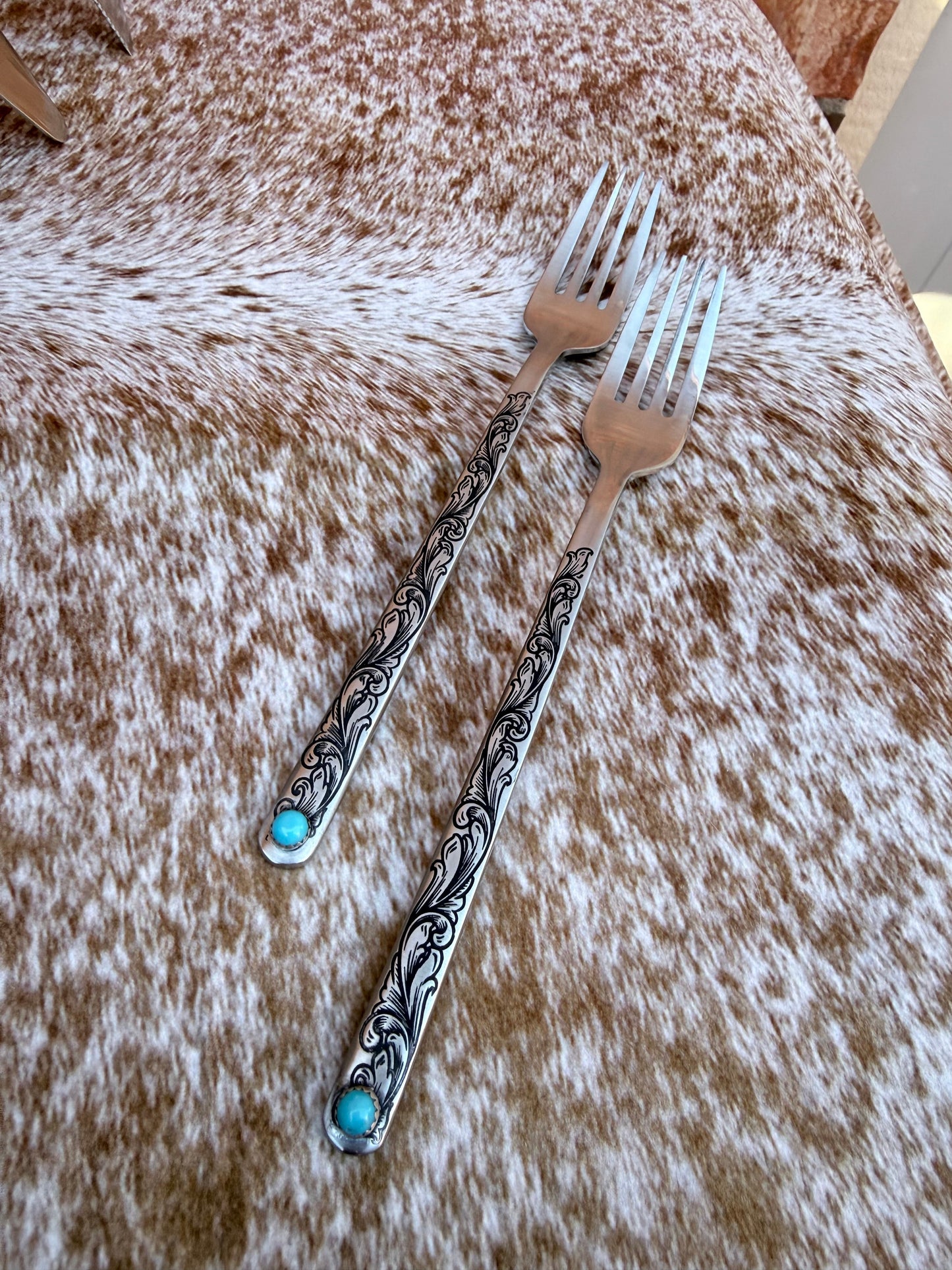 Wedding Cake Forks - Genuine Turquoise Engraved Fork Set | Ready to Ship