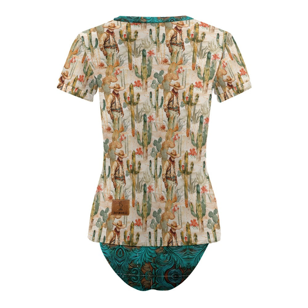 Brewster County Cowboy Turquoise Leather Print Short Sleeve Two Piece Bikini Swimsuit