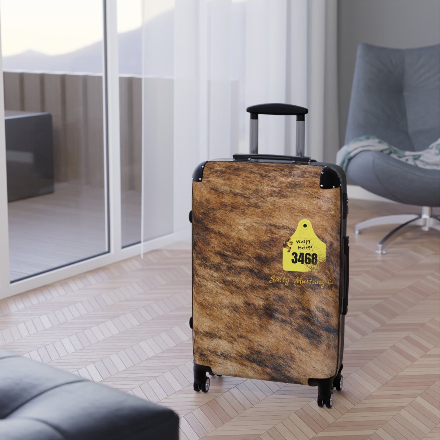 Ear Tag #3468 Waspy Heifer, Brindle Cow Print Suitcase