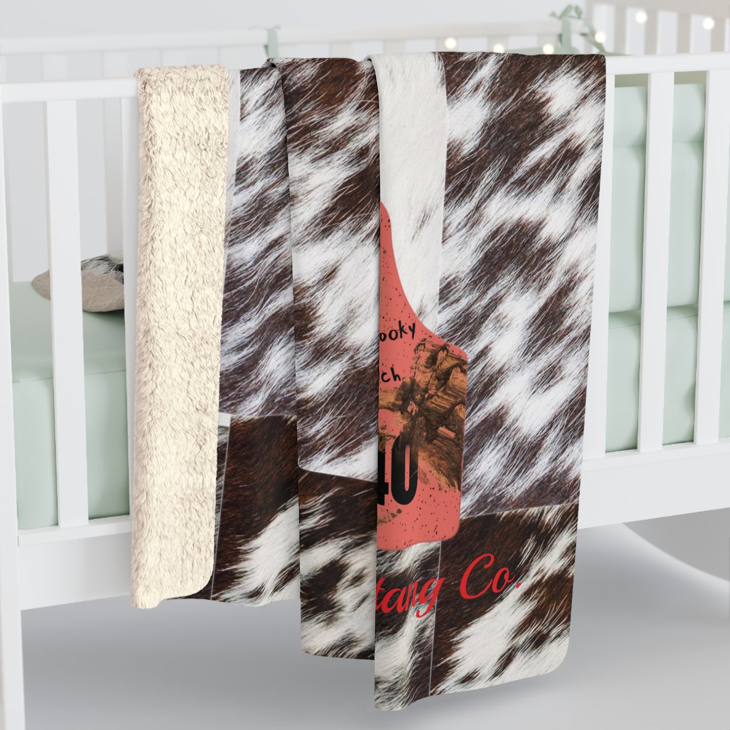 Ear Tag #7540 Jumping Spooky Bh, Spotted Cow Hide Print Sherpa Fleece Blanket