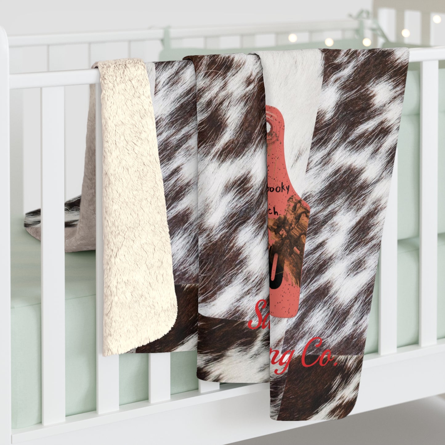 Ear Tag #7540 Jumping Spooky Bh, Spotted Cow Hide Print Sherpa Fleece Blanket