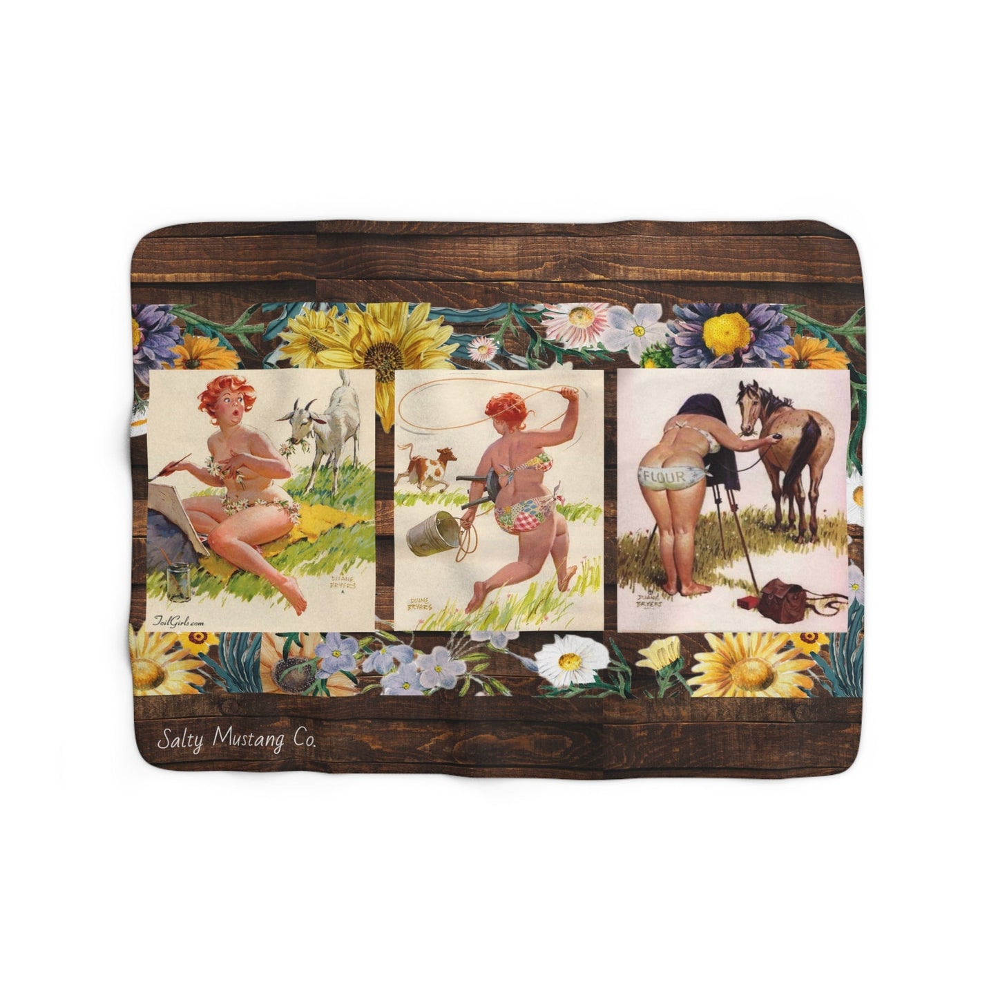 Hilda On The Farm Rustic Wood & Floral Sherpa Fleece Blanket
