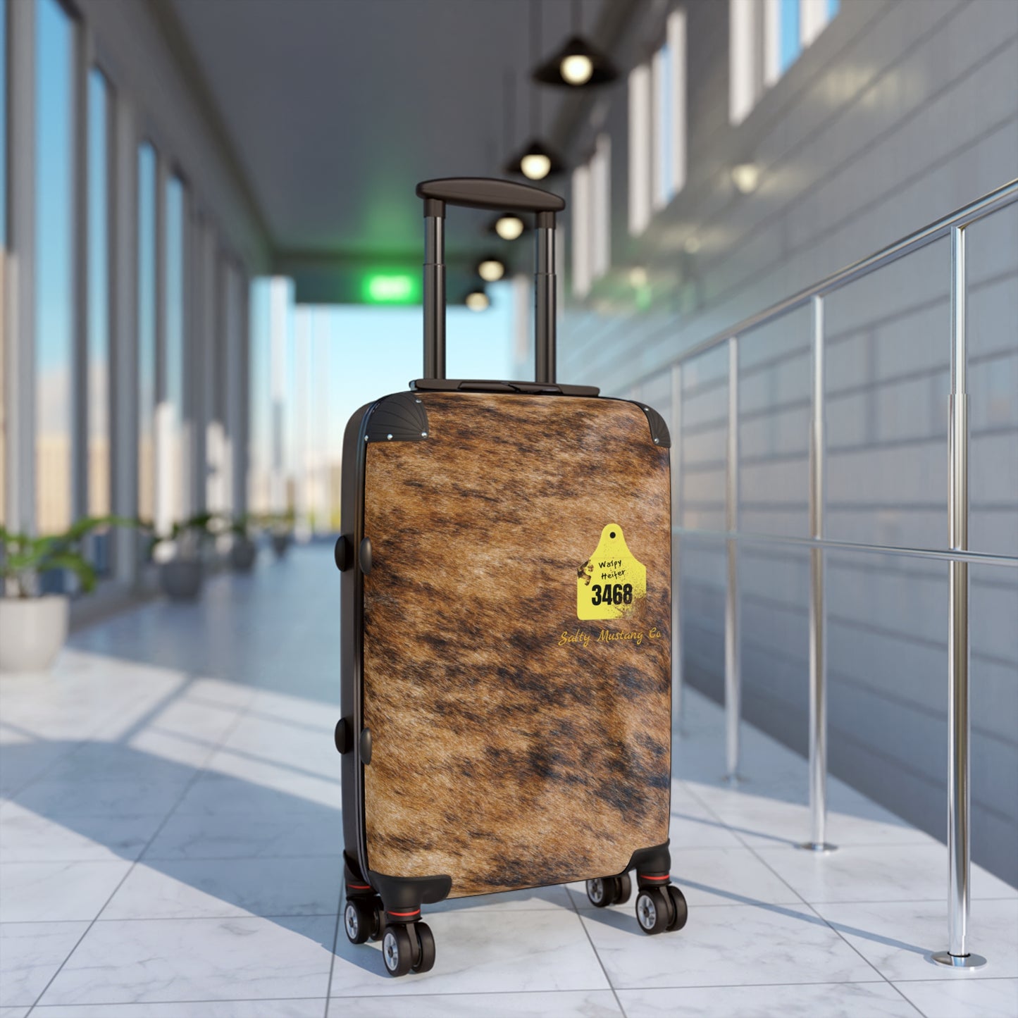 Ear Tag #3468 Waspy Heifer, Brindle Cow Print Suitcase