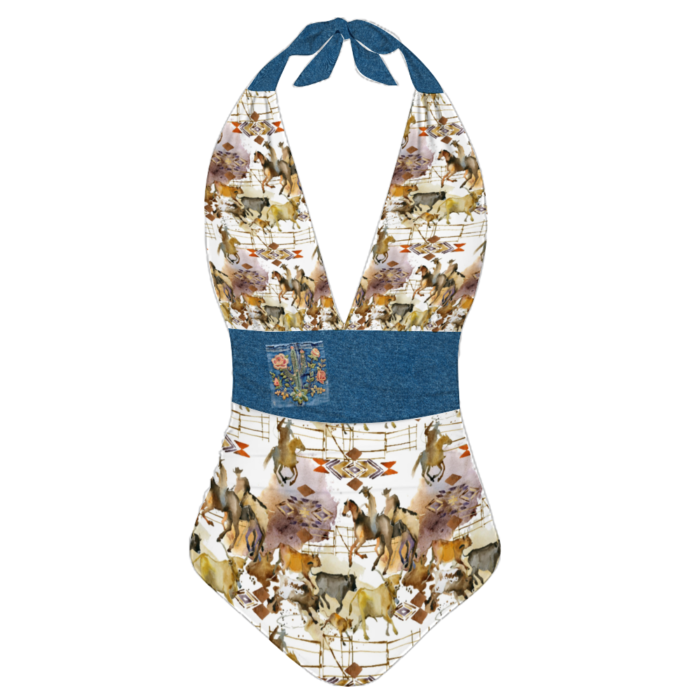 Watercolor Roundup Women's Halterneck One Piece Swimsuit