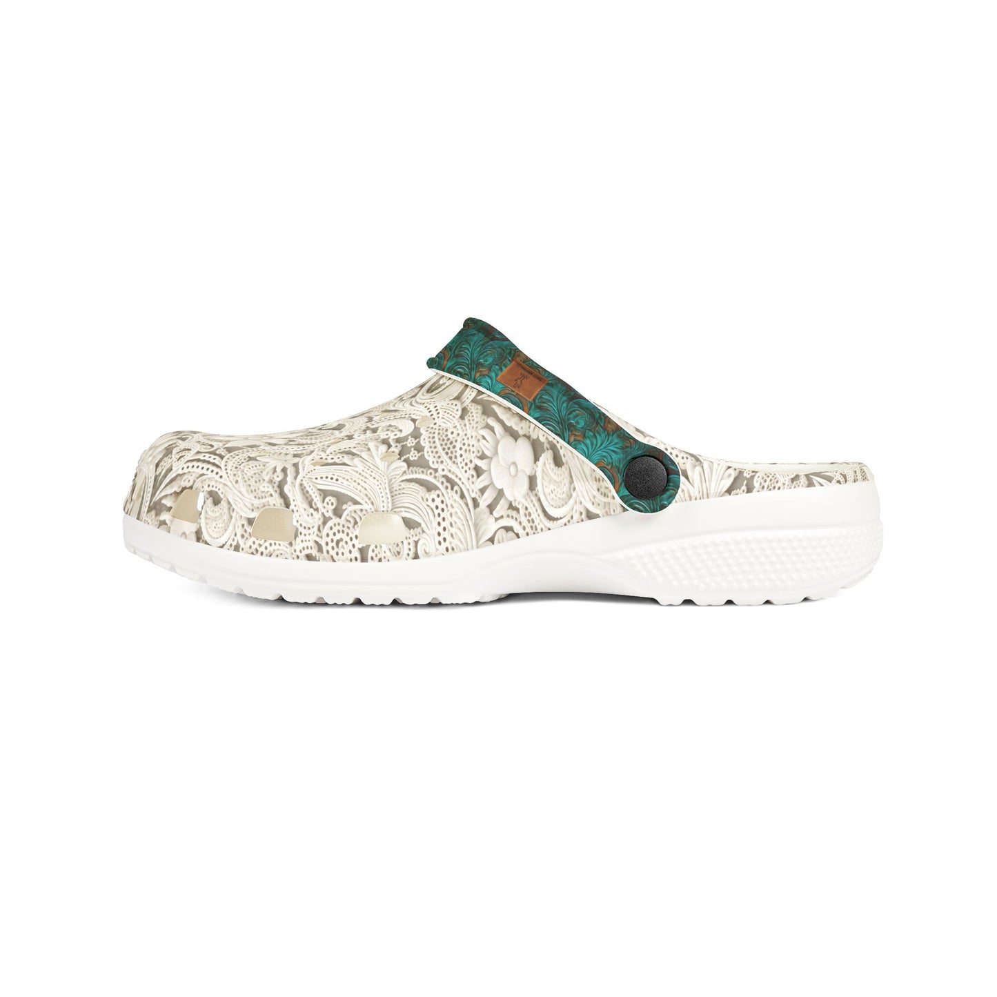 Turquoise Leather and Lace Foam Rubber Salty Clogs