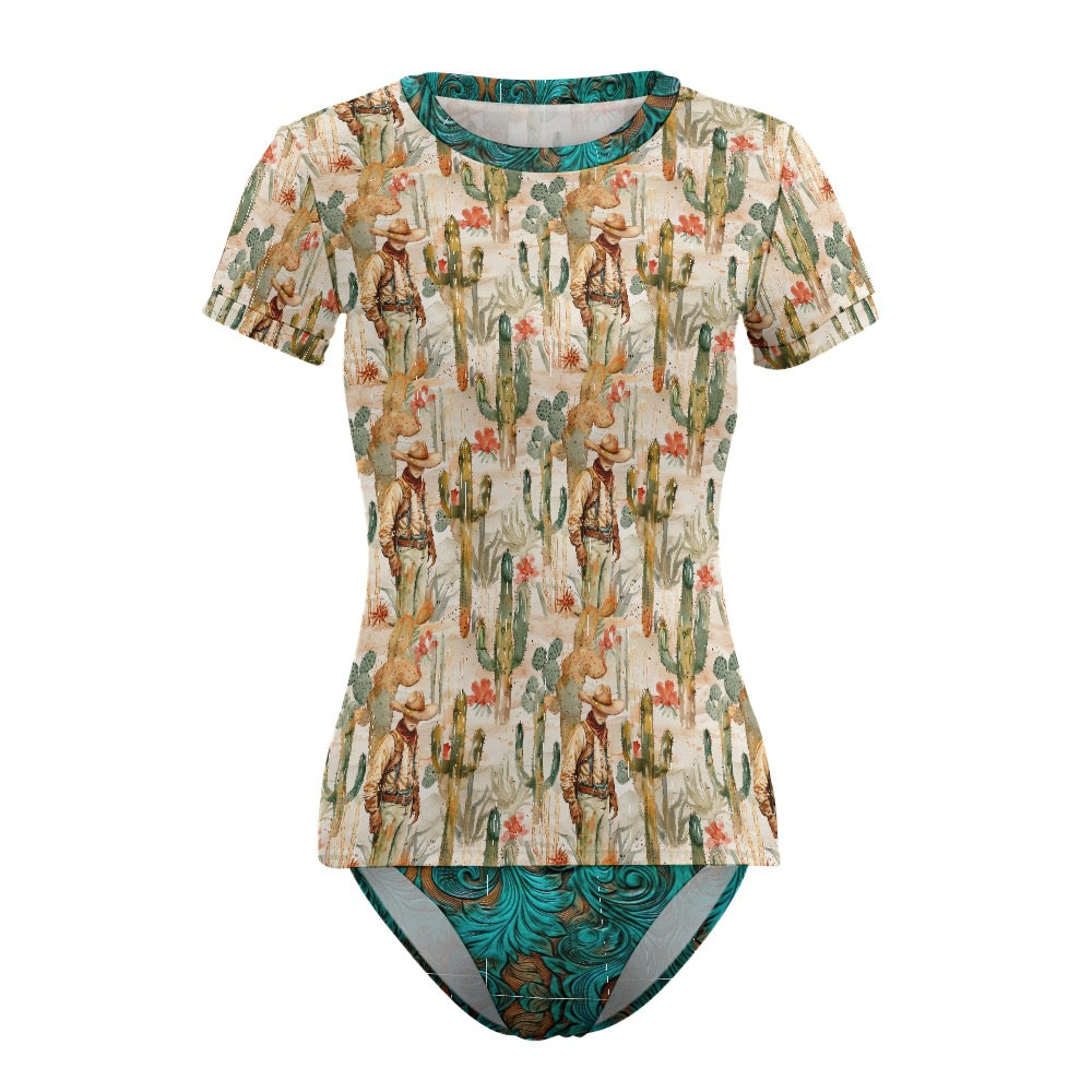 Brewster County Cowboy Turquoise Leather Print Short Sleeve Two Piece Bikini Swimsuit