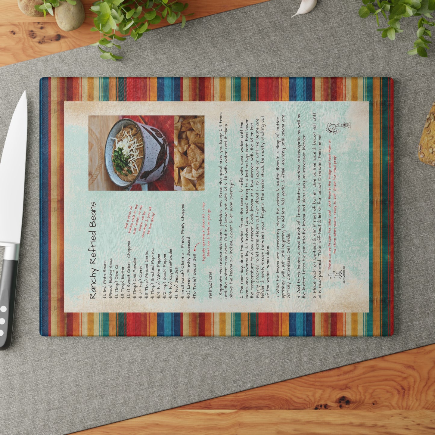 Highland Queen Ranch Ranchy Refried Beans Recipe Rustic Serape Glass Cutting Board