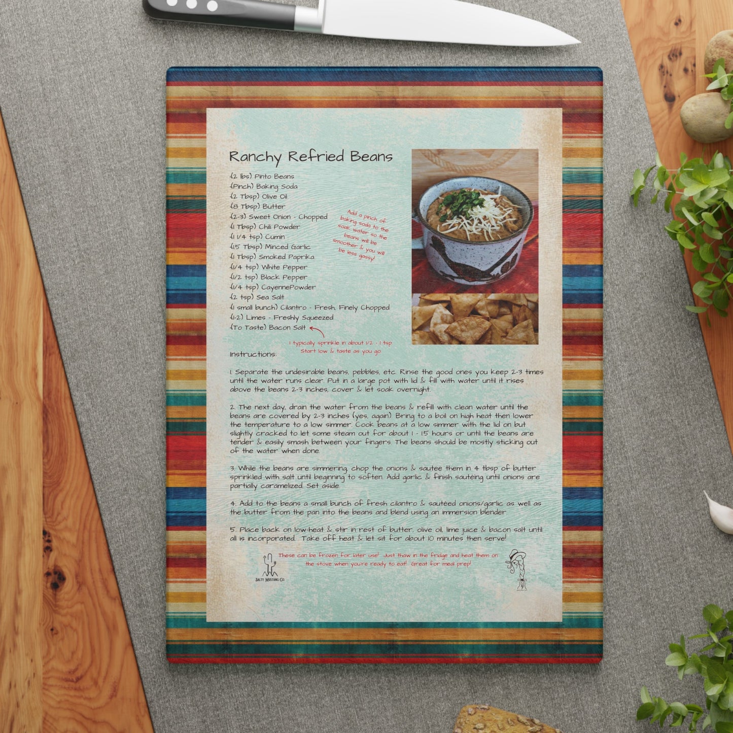 Highland Queen Ranch Ranchy Refried Beans Recipe Rustic Serape Glass Cutting Board