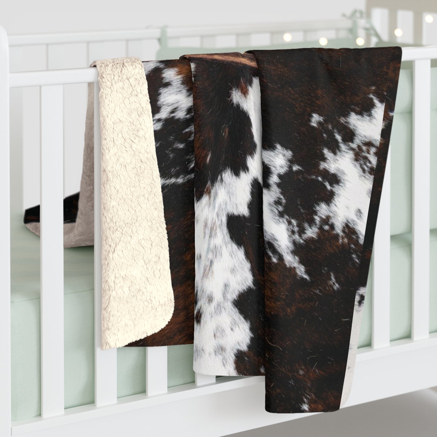 Punchy Queen "Go Bra-less. It'll Pull The Wrinkles Outta Your Face." Tri-Color Spotted Cow Print Sherpa Fleece Blanket