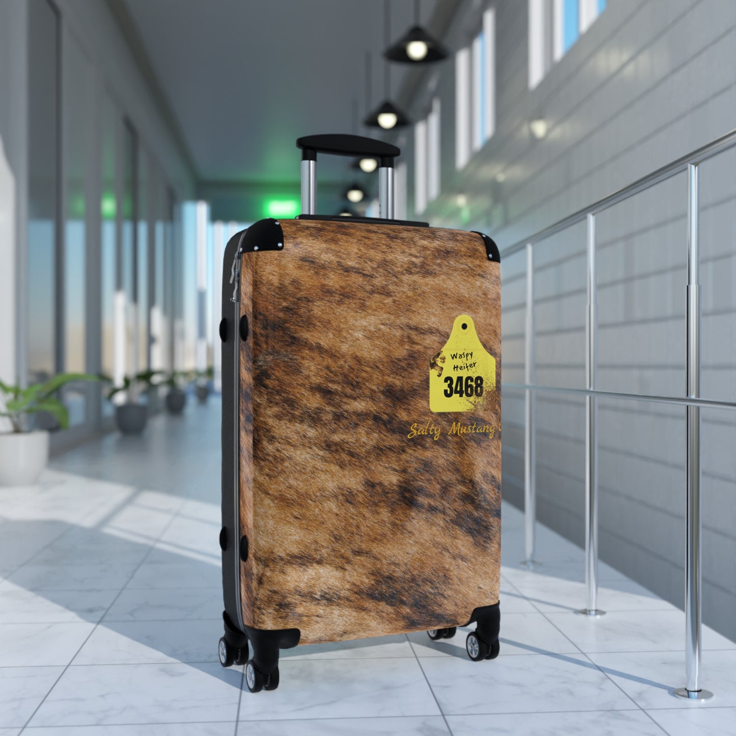Ear Tag #3468 Waspy Heifer, Brindle Cow Print Suitcase