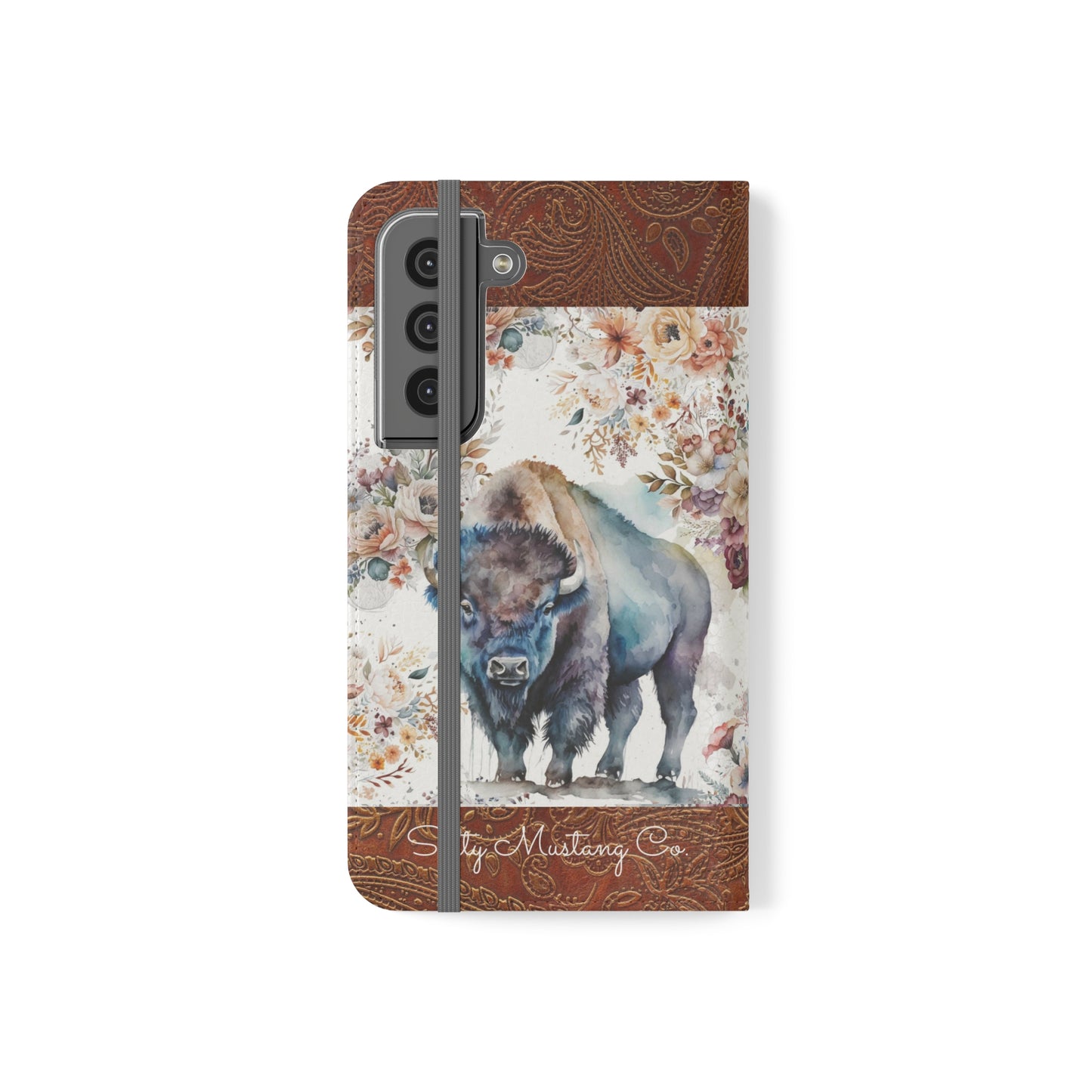 Buffalo Rose Leather Print Samsung Flip Cases