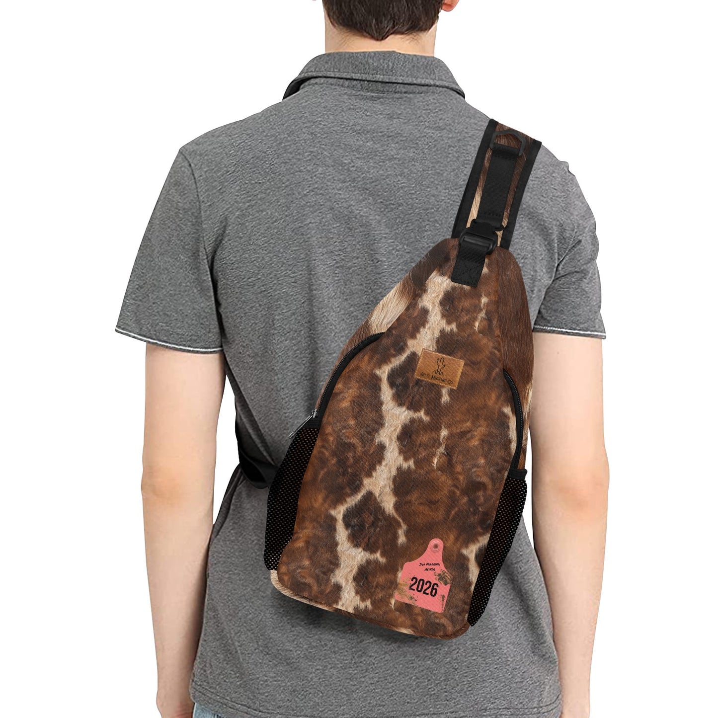 I’m Married Heifer Ear Tag Cow Hide Print Chest Bag