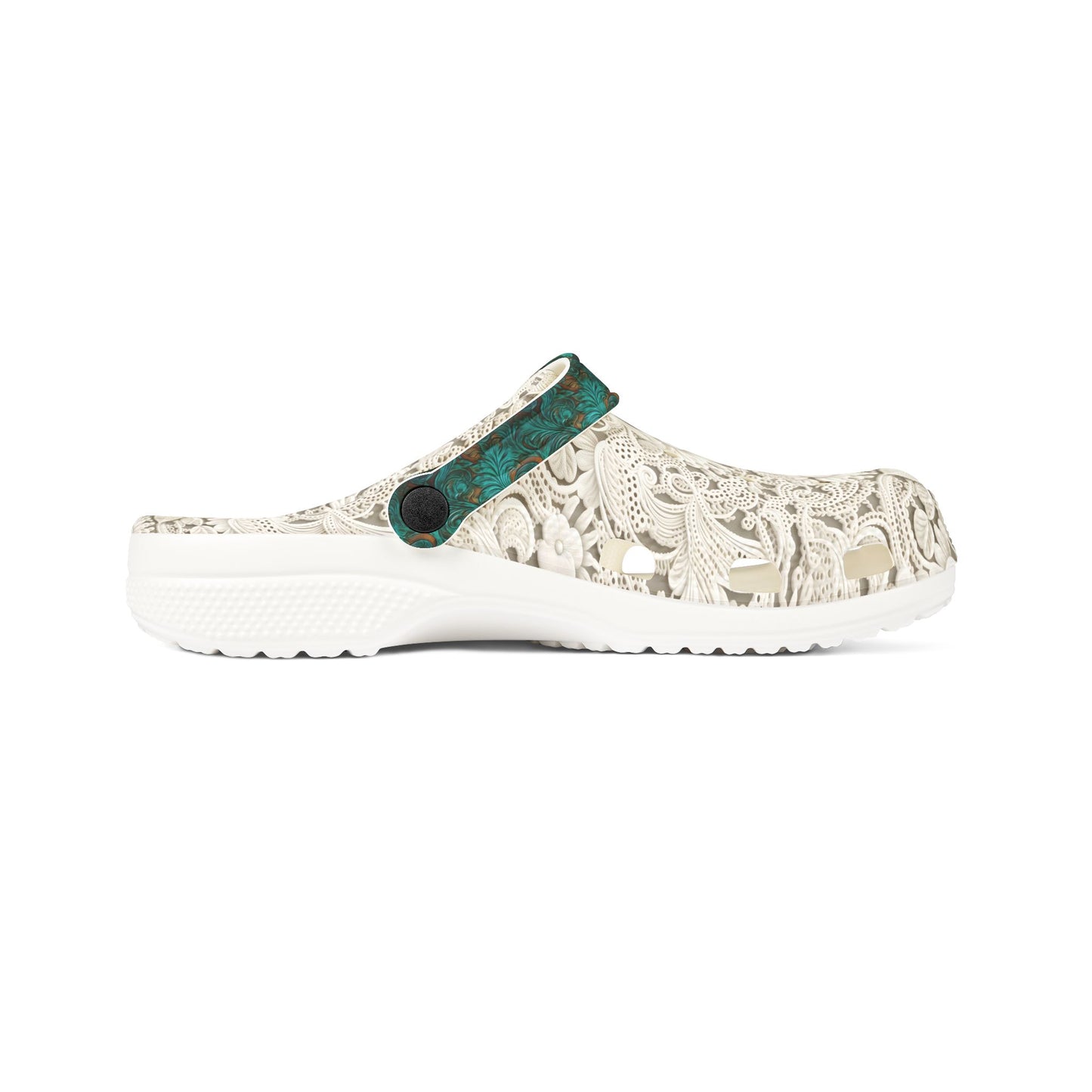 Turquoise Leather and Lace Foam Rubber Salty Clogs