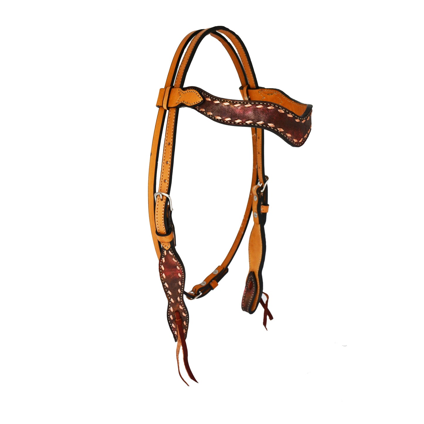 2117-CCM 1-1/2" Wave browband headstall golden leather vintage rose dust overlay with copper buckstitch