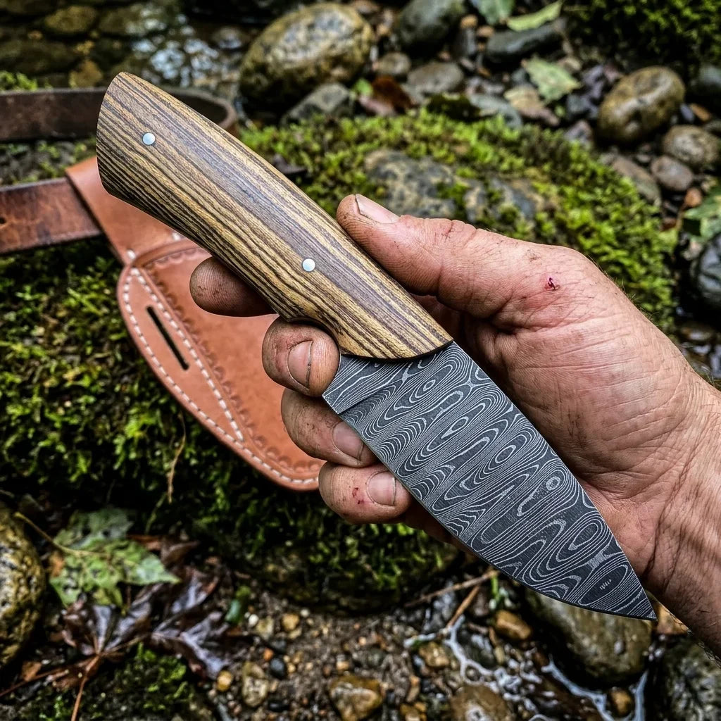 The Tuscan Ghost - Custom Handmade Damascus Steel Cowboy Hash Ranch Knife with Olivewood Handle & Leather Sheath