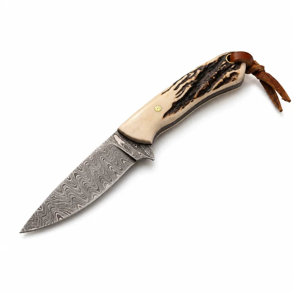 Horizontal Carry Western Knife – Damascus Steel & Antler Horn Handle with Leather Sheath | 7"
