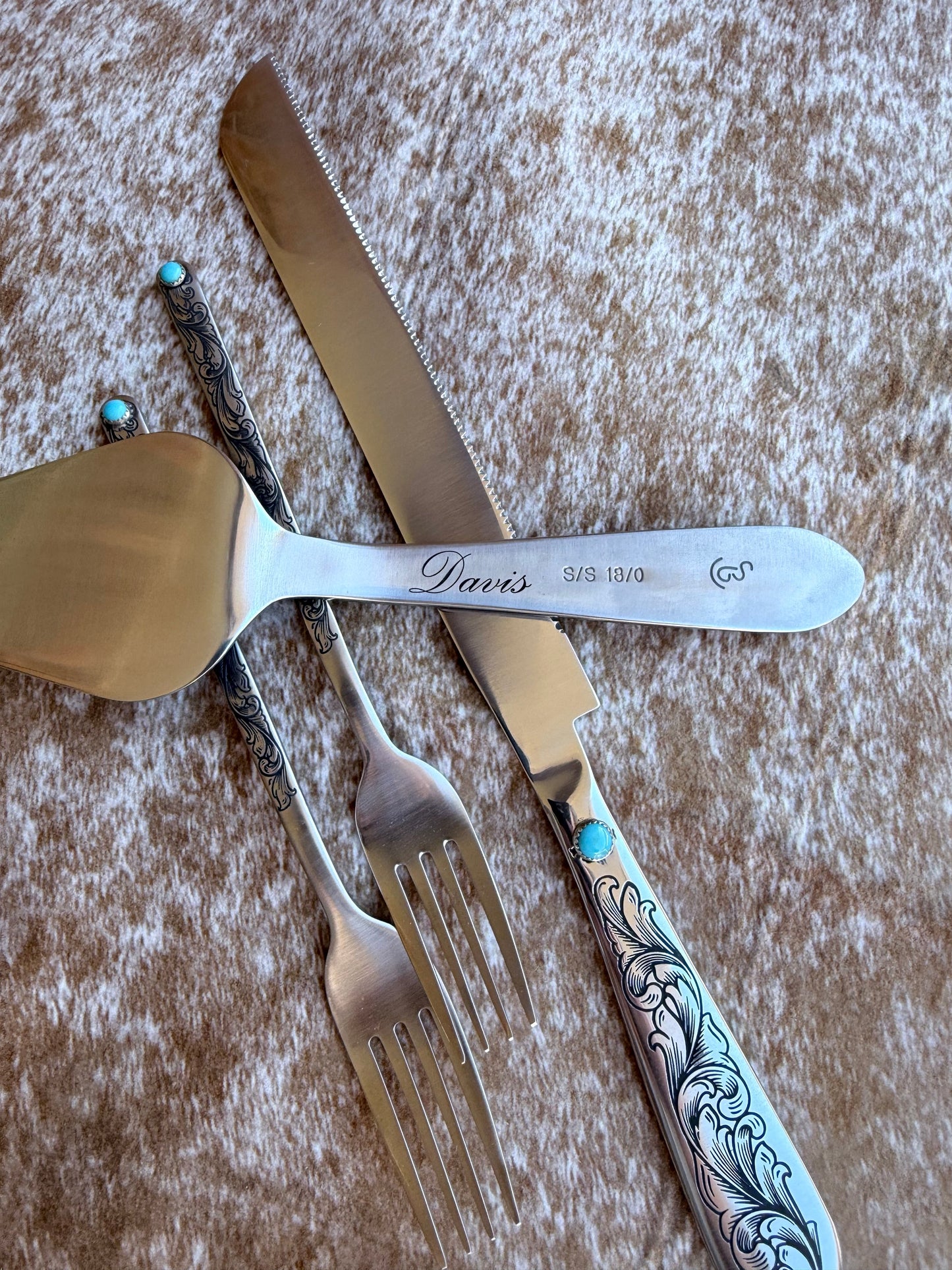 Wedding Cake Serving Set | Genuine Turquoise Engraved Cake Knife and Server - Ready to Ship