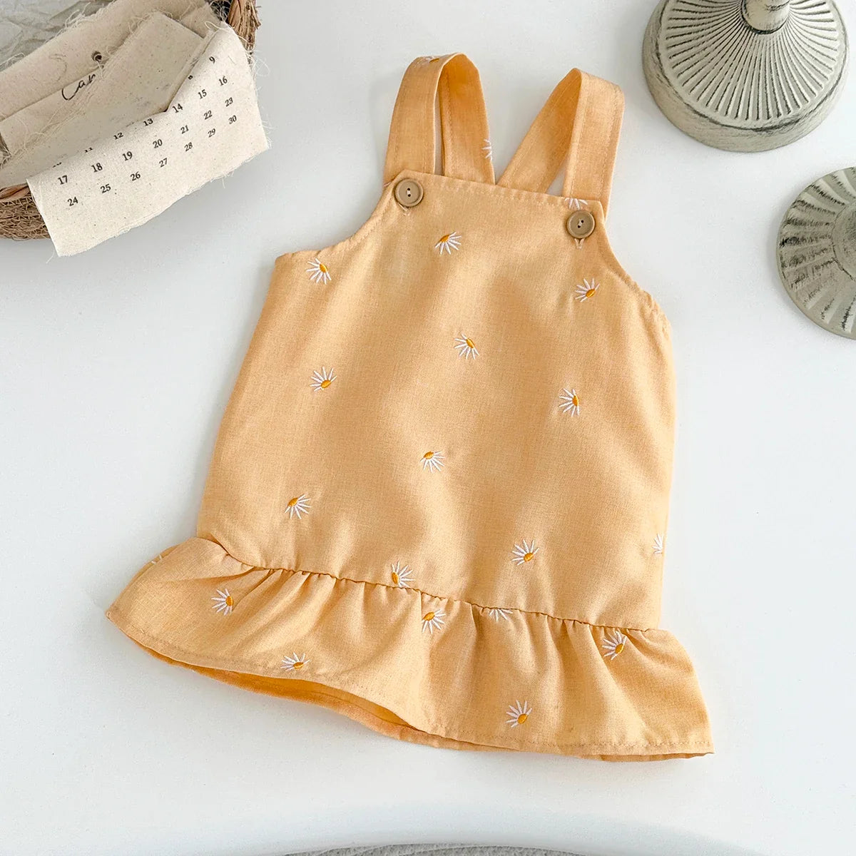 Yellow Floral Embroidery Suspender Dress