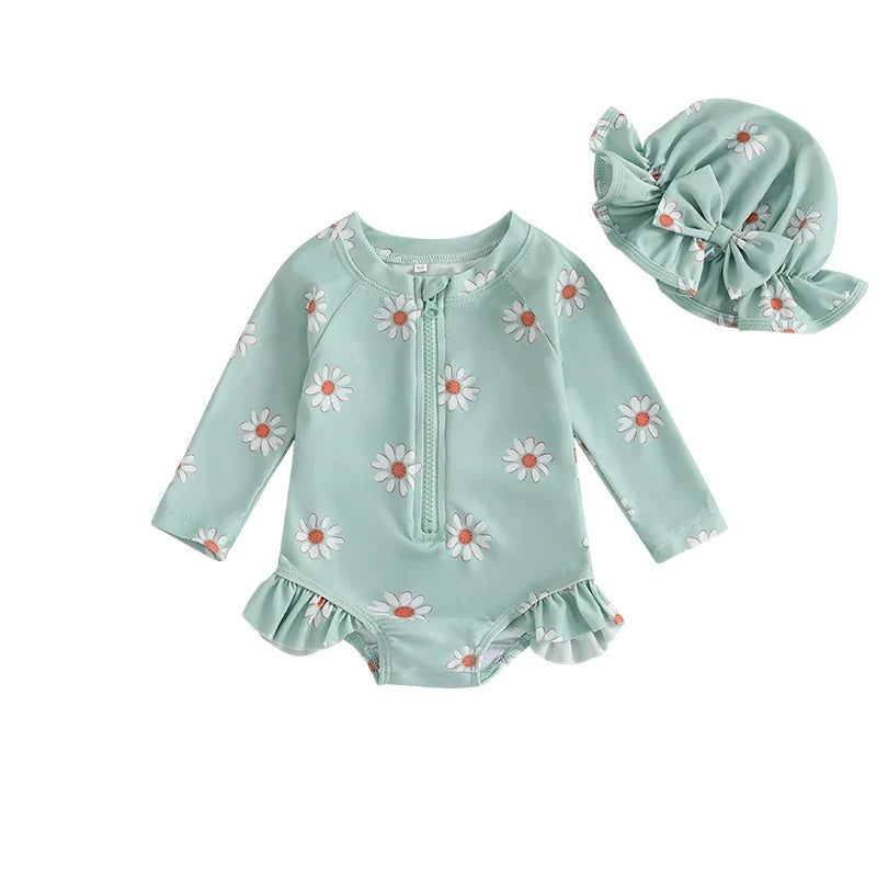 Floral Rash Guard Swimsuit with Hat Set